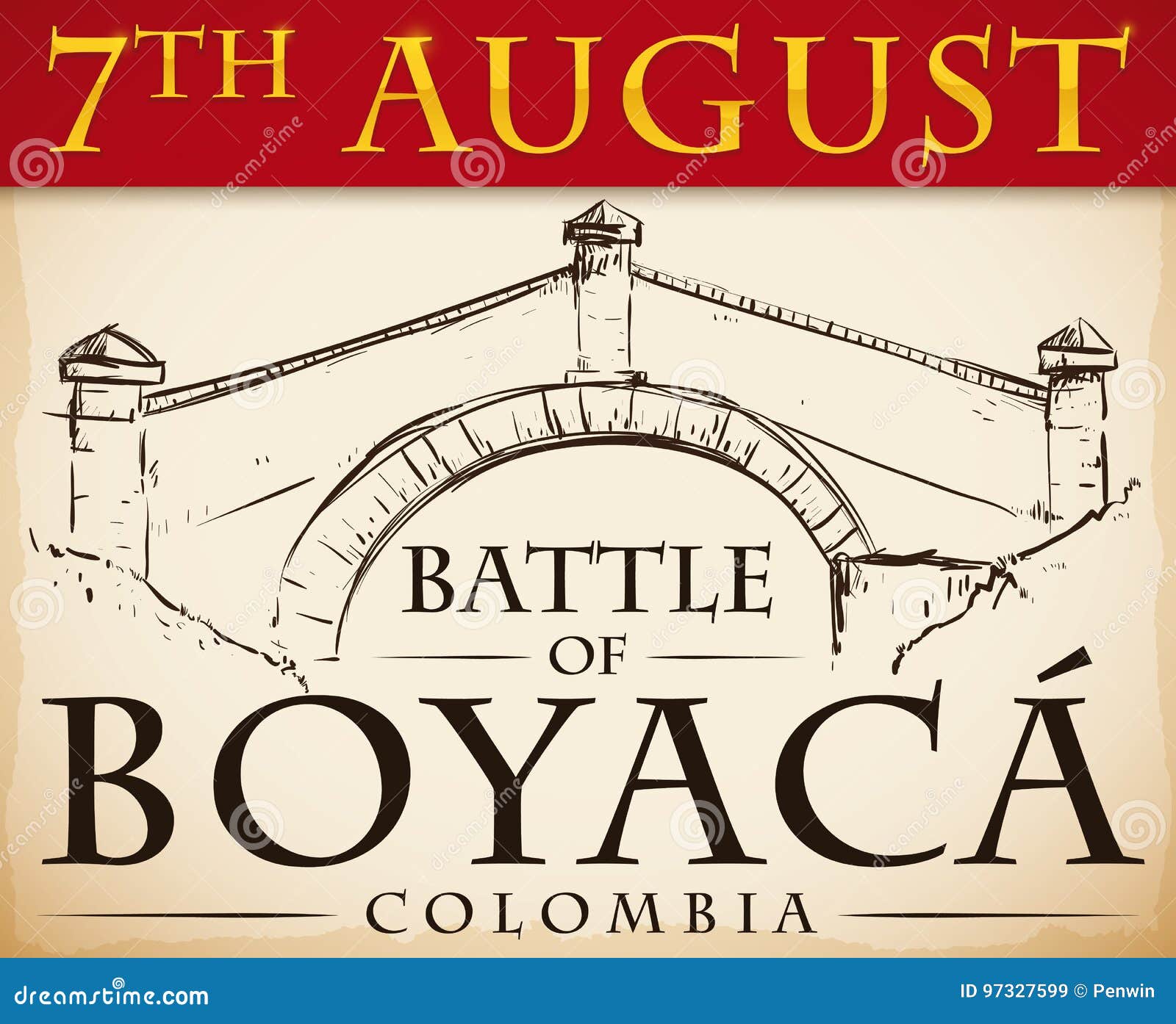 commemorative boyaca`s bridge in hand drawn style for colombian holiday,  