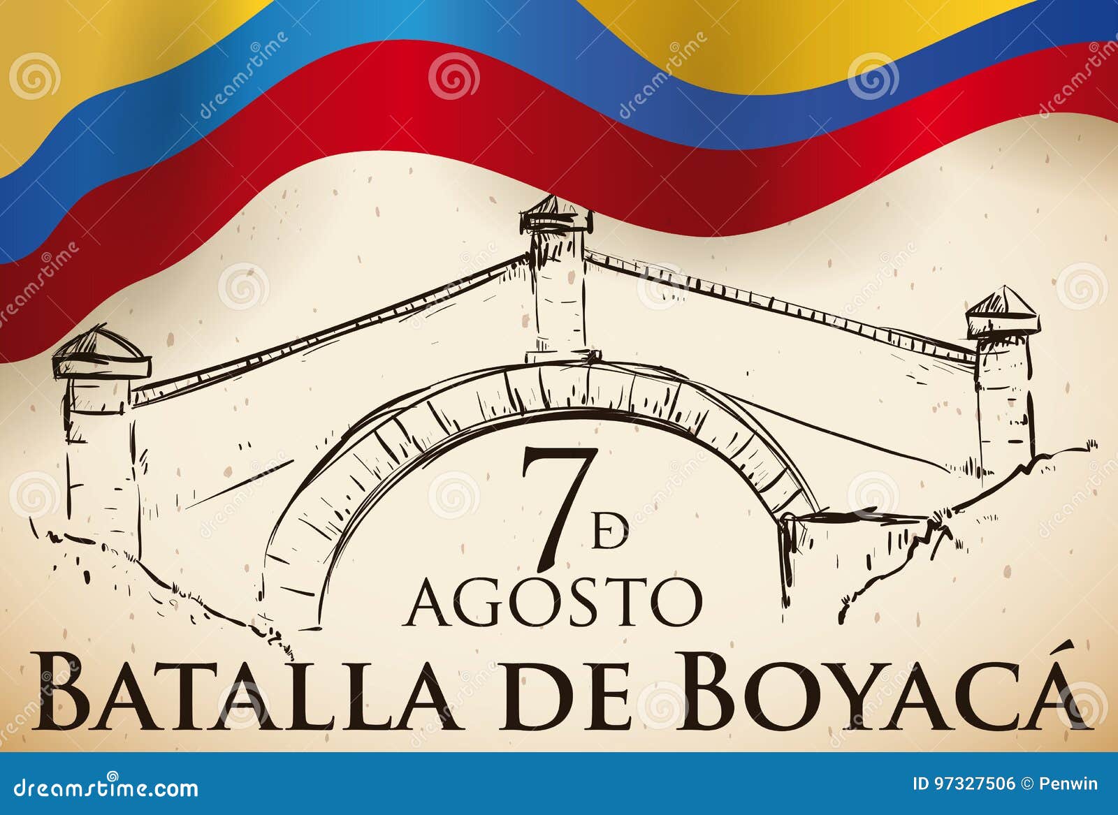 Commemorative Hand Drawn Boyaca Bridge over Scroll and Colombian Flag, Vector Illustration. Poster with flag and traditional Colombian landmark in hand drawn style: the Bridge of Boyaca Commemorating the Battle celebration in August 7 written in Spanish.