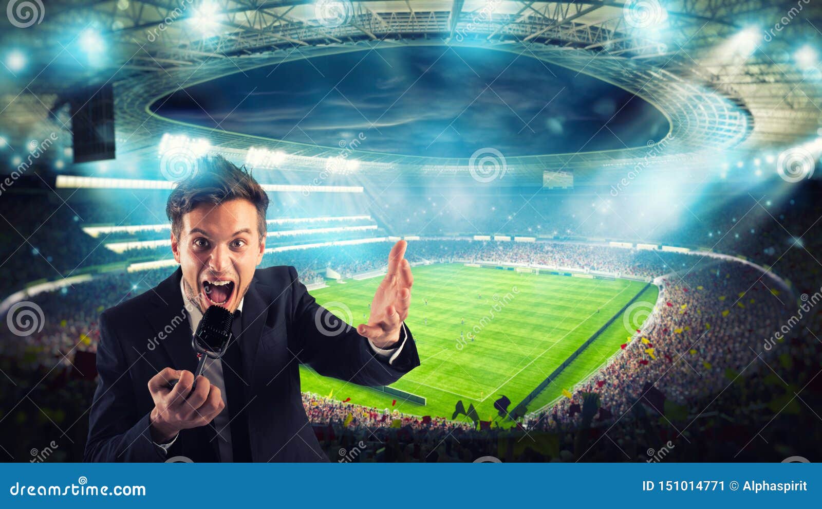 Proud man, professional sport commentator having online TV stream,  broadcasting football match isolated over stadium background Stock Photo -  Alamy