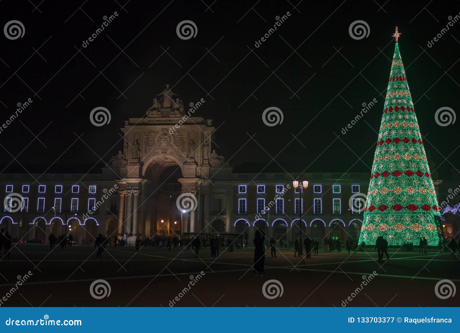 Commerce Square at Night in Lisbon with Christmas Tree Editorial