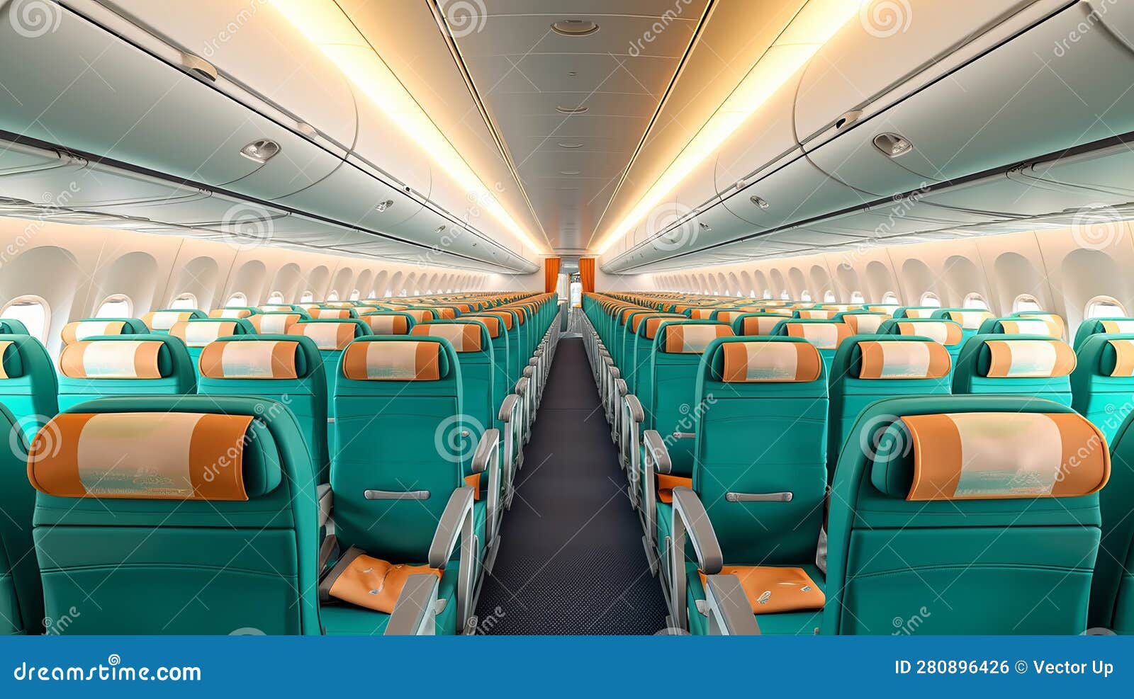 Commercial Aircraft Cabin with Rows of Seats Down. Generative AI. Stock