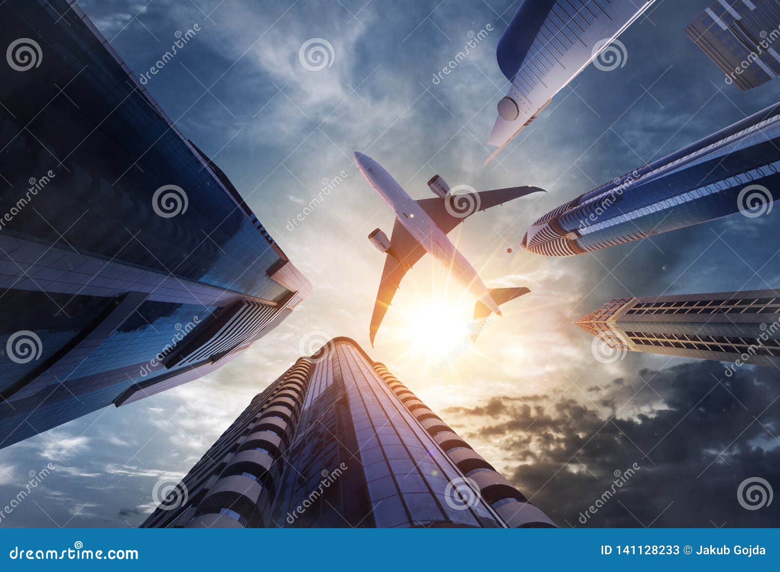 Commercial Airplane Flying Above Skyscrapers Stock Image Image of finance, corporation 141128233
