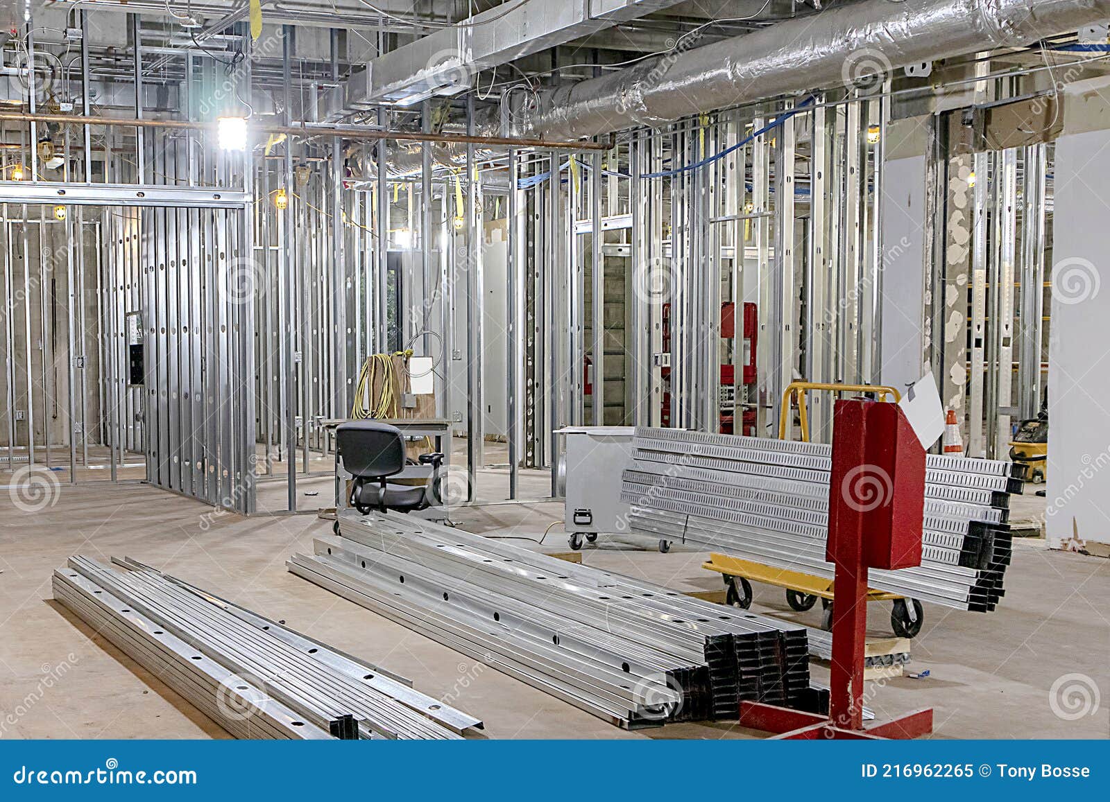 commercial building interior under construction with aluminum framing