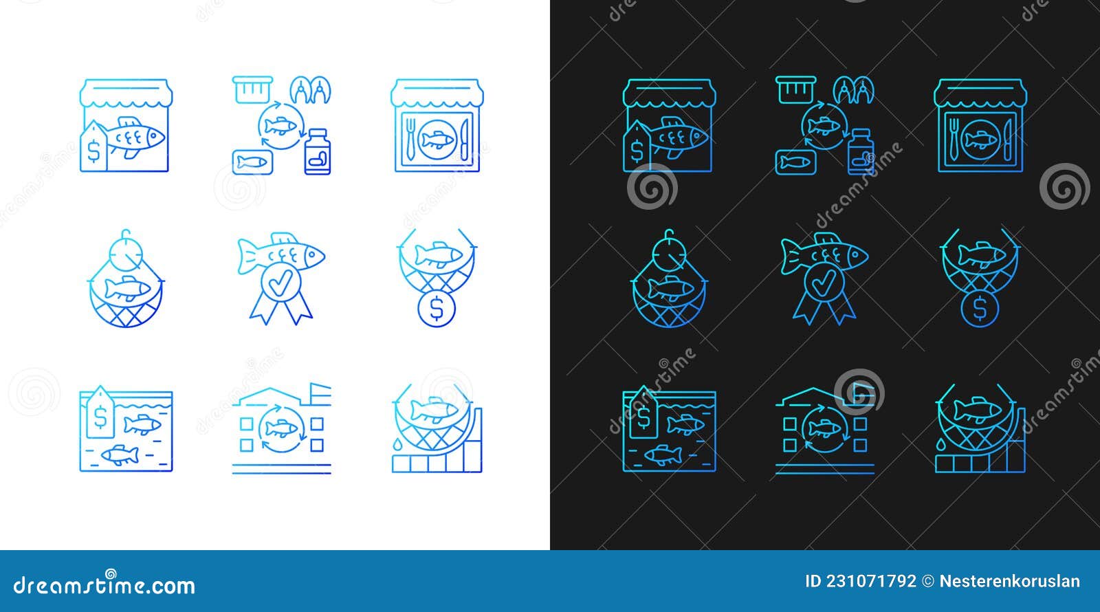 commercial fishery gradient icons set for dark and light mode