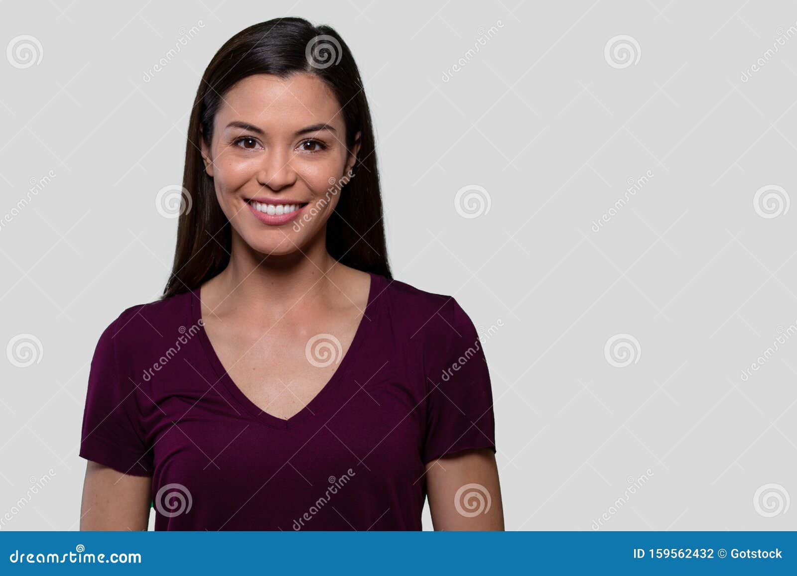 commercial headshot advertising portrait of a beautiful young asian american brunette woman with perfect white teeth smile