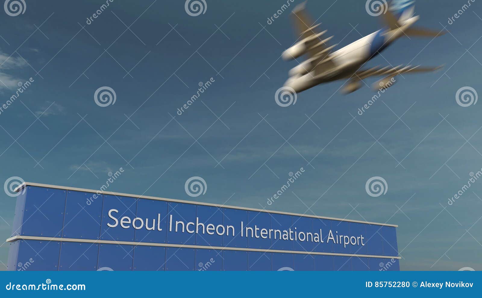 Commercieel vliegtuig die bij het Internationale de Luchthaven van Seoel Incheon 3D teruggeven landen. Commercieel vliegtuig die bij de Internationale 3D Luchthaven van Seoel landen Incheon