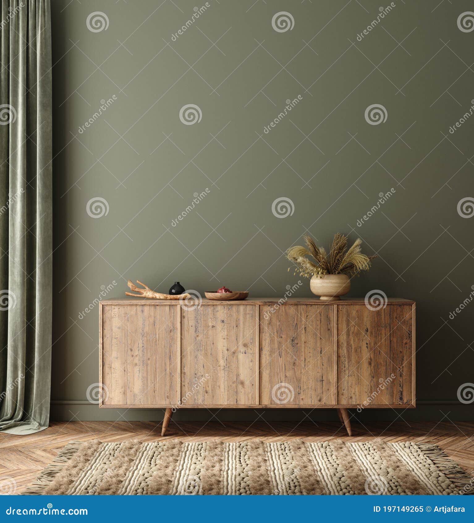 commode with decor in living room interior, dark green wall mock up background