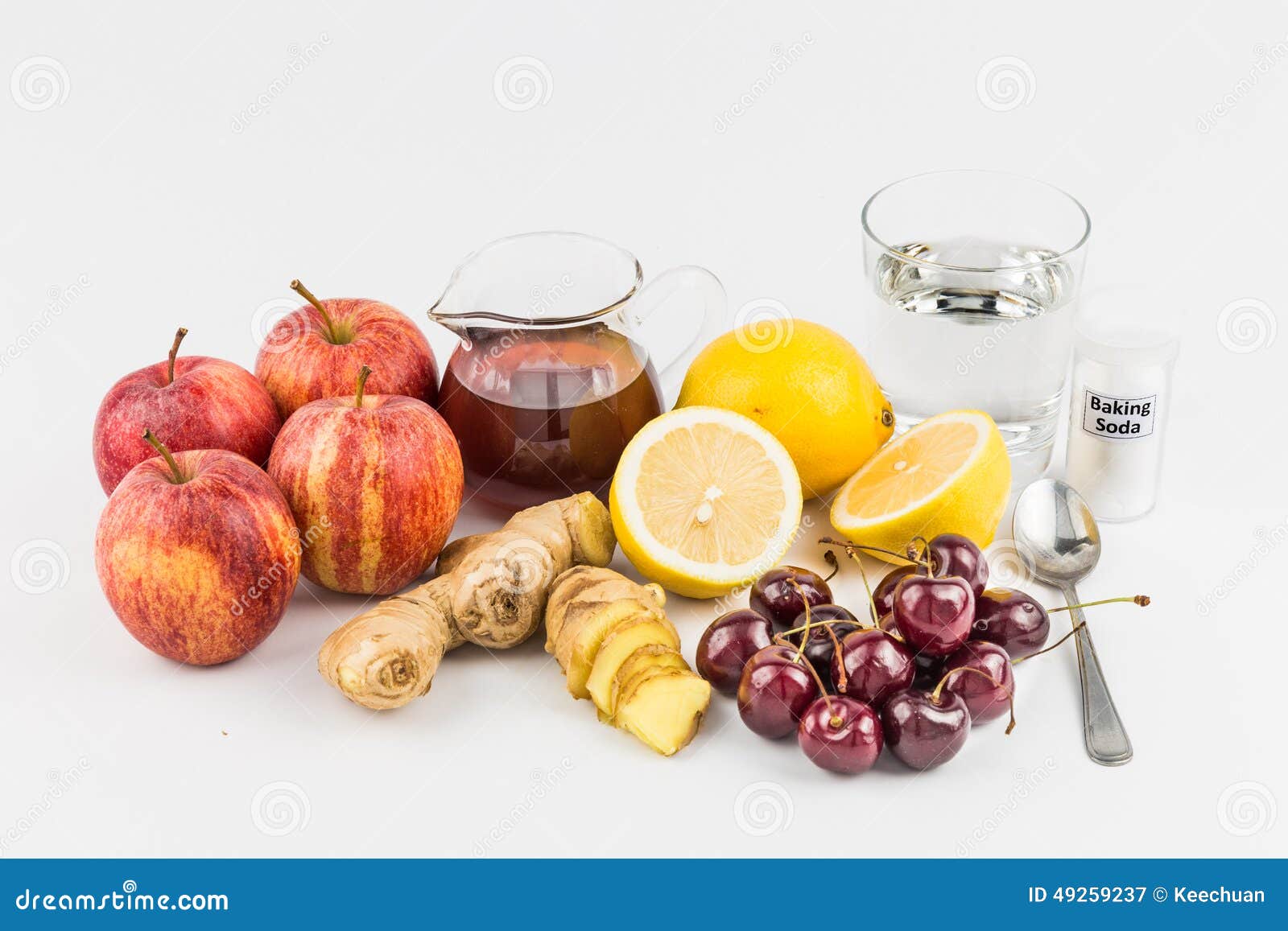 common home remedy to treat gout inflammation - cherries, lemon juice, apple cider vinegar, ginger roots, baking soda