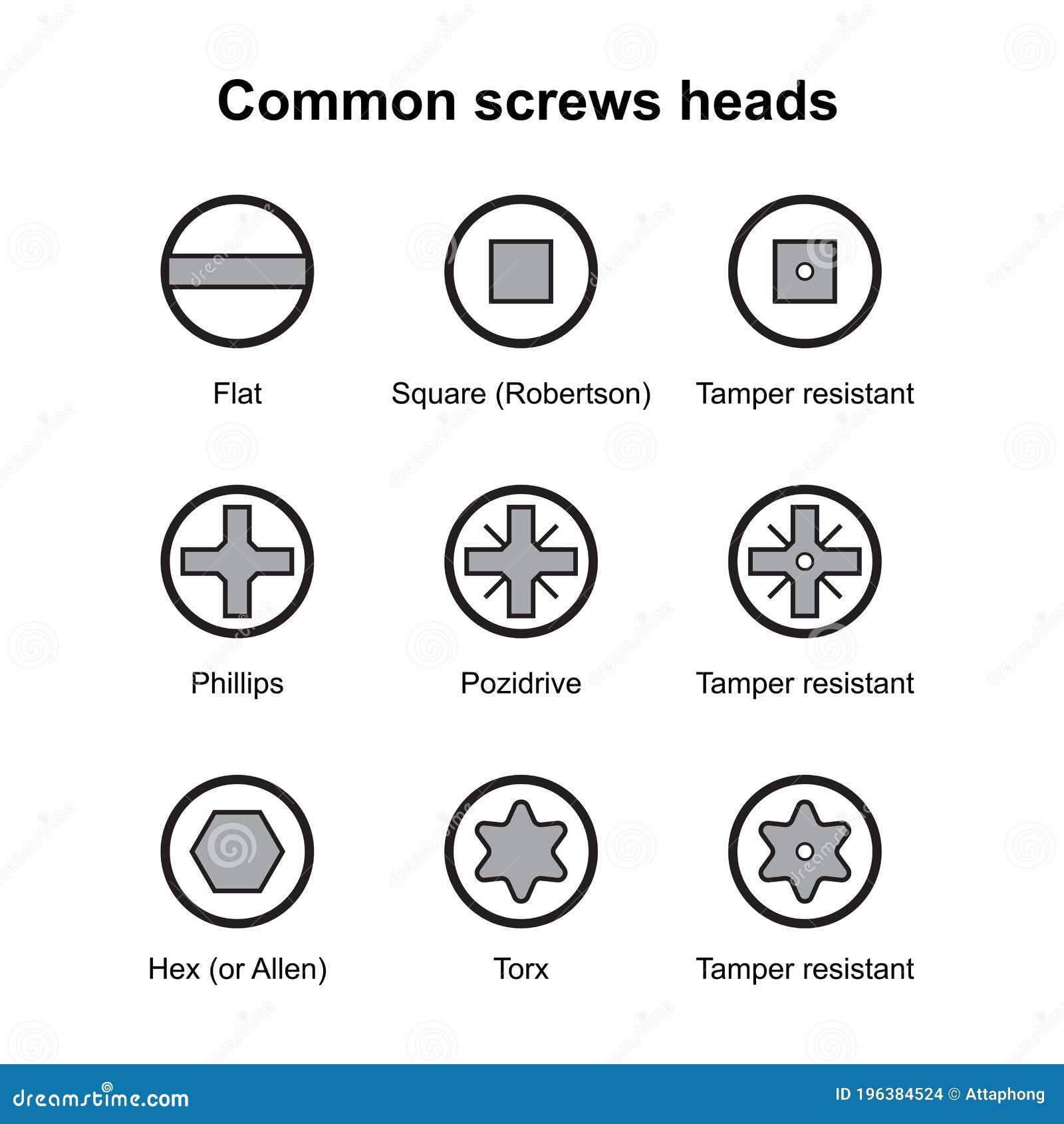 Common Screws Heads. Types of Slots Bolt Heads. the Head Stock