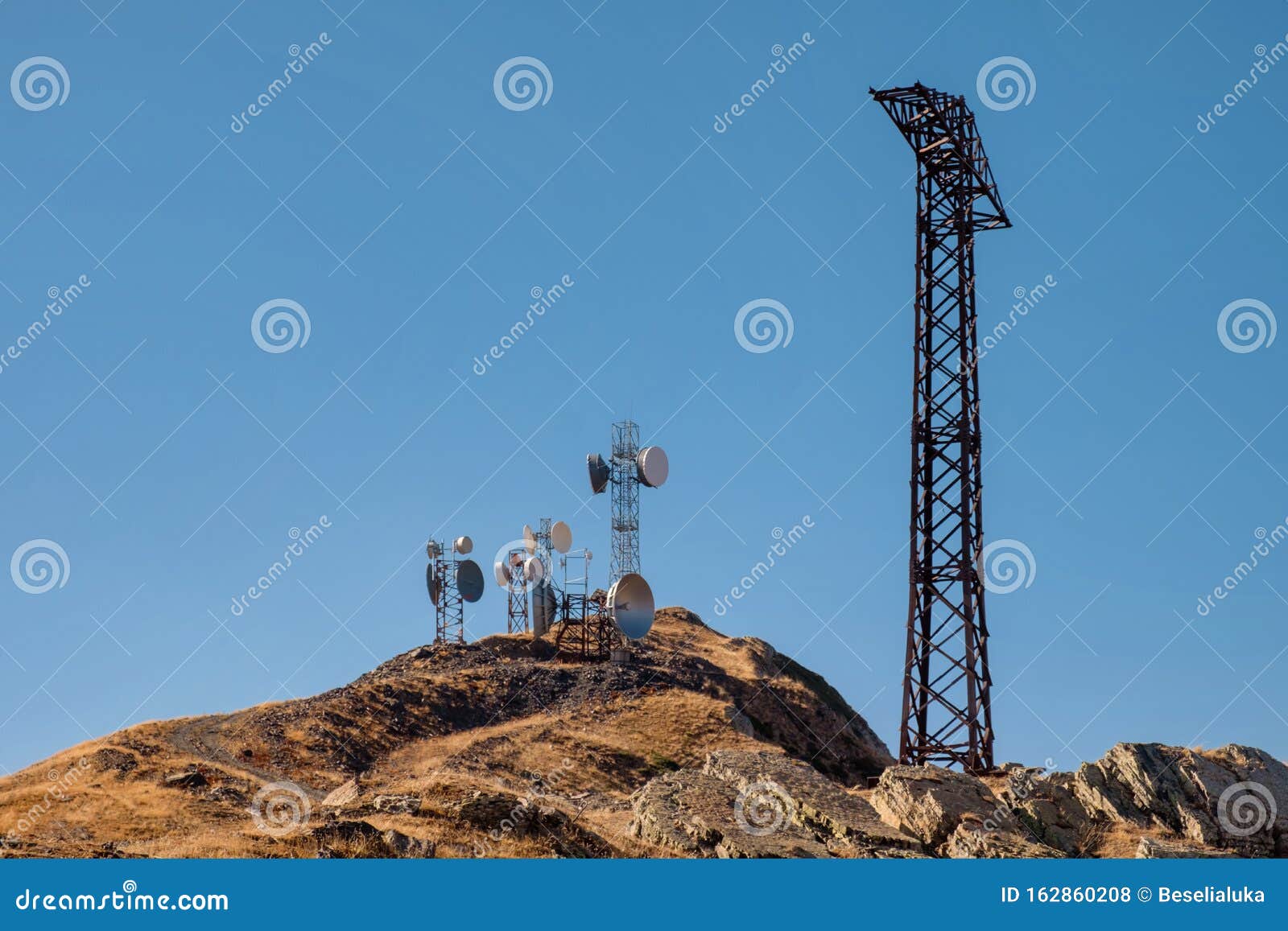 Communication Antennas on the Top of the Mountain Stock Photo Image