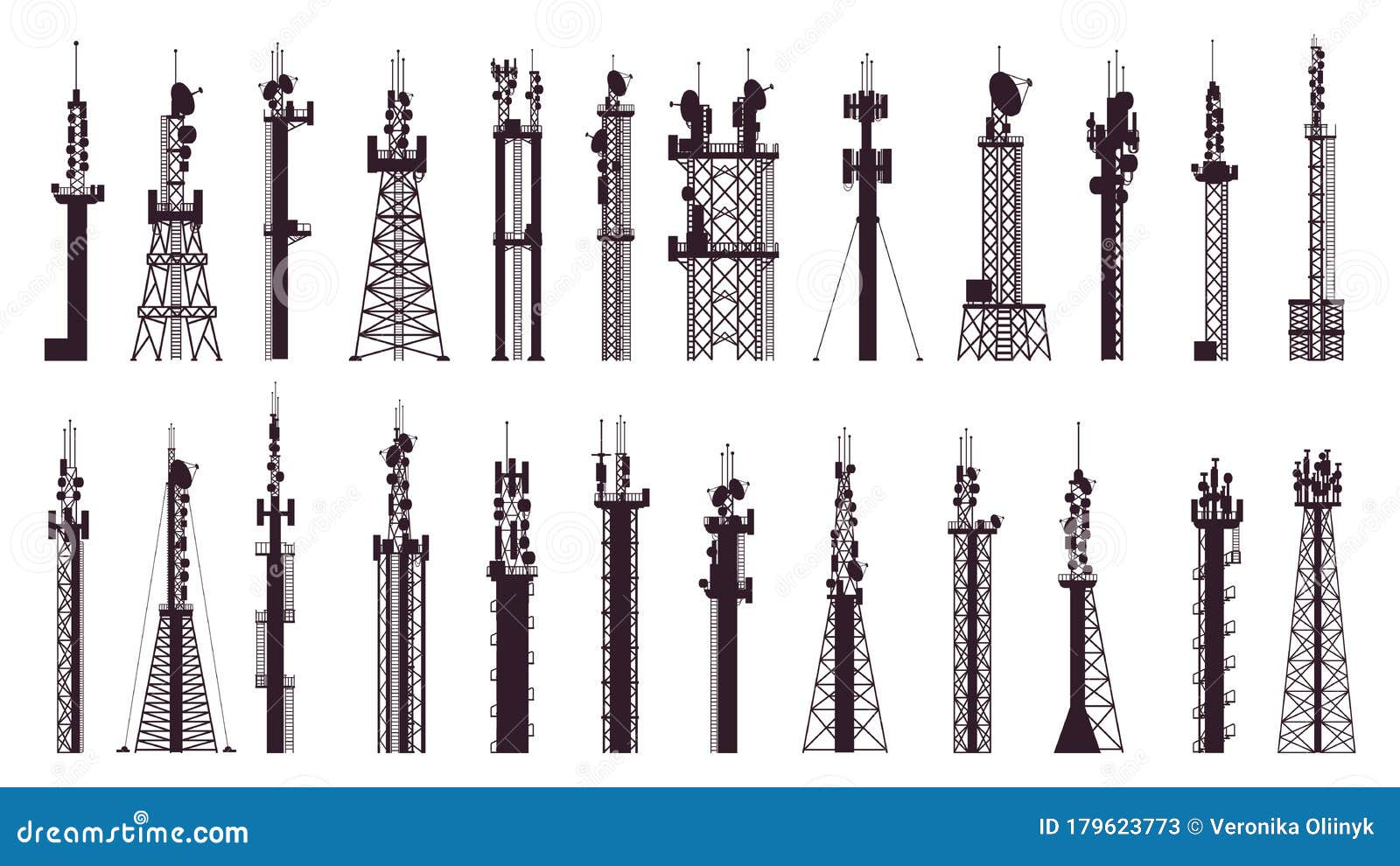 Wireless tower. Cellular wifi radio and tv cell communication towers with  antena vector collection. Antenna radio communication, tower cellular  network illustration Stock Vector