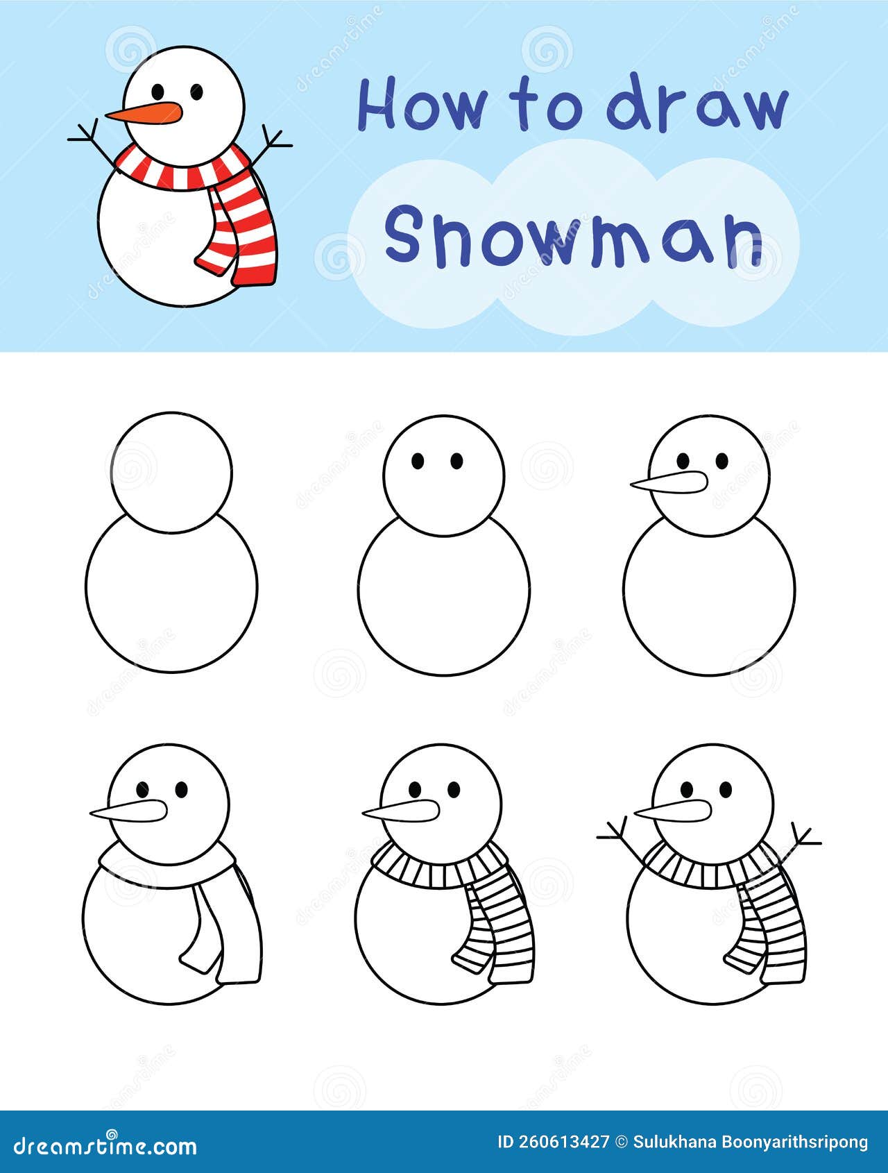 Tutorial de desenho para crianças. nível fácil. folhas de educação. como  desenhar boneco de neve