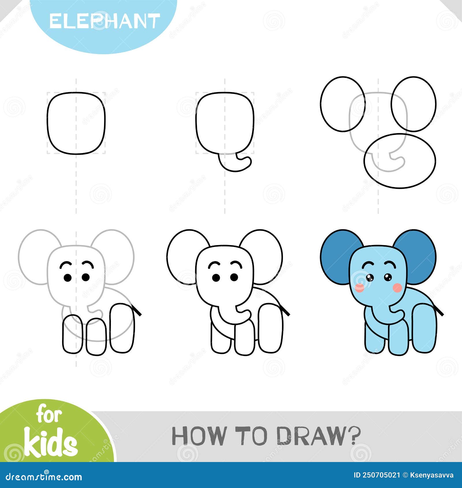 Como desenhar um elefante para crianças. etapas de desenho fáceis para  crianças. ilustração em vetor de animais.