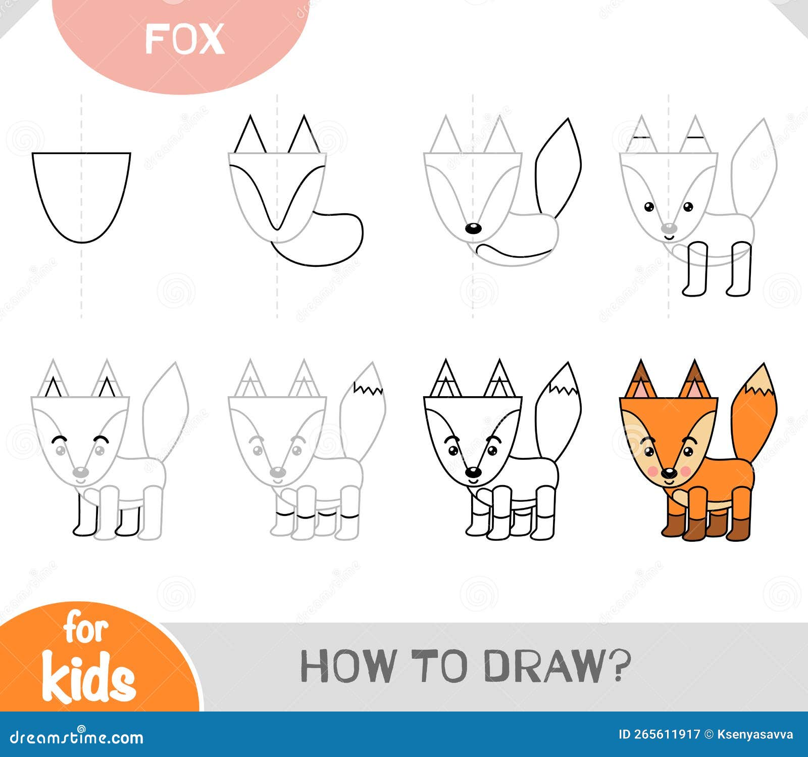 Aula de desenho para crianças. tutorial de desenho com raposa passo a passo  repete a imagem. página de arte de atividade infantil para livro.  ilustração vetorial.