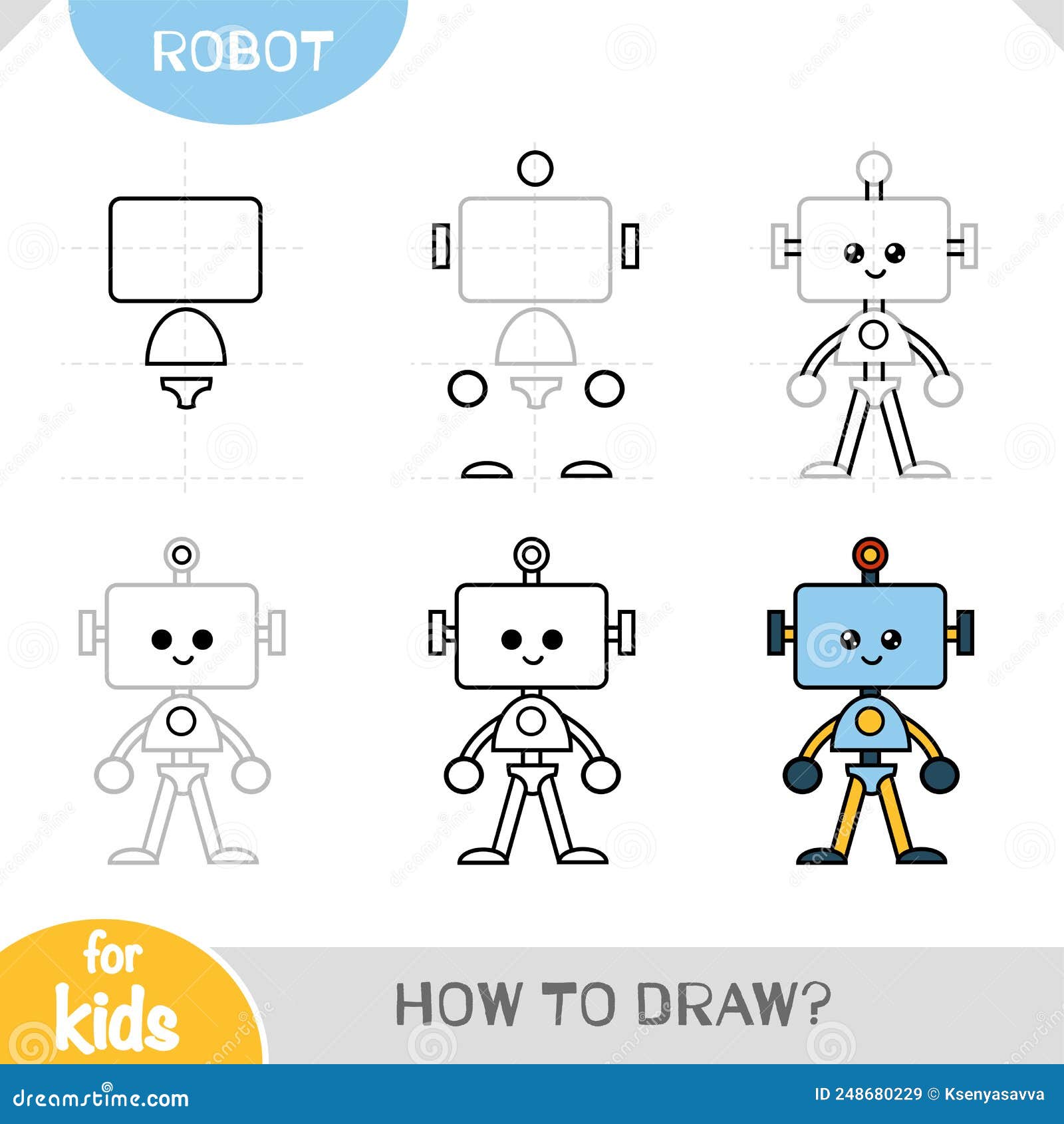 como desenhar um robô futurista passo a passo. atividade fácil e divertida  para o desenvolvimento e a criatividade das crianças. tutorial de desenho  de animais e objetos da série do alfabeto em