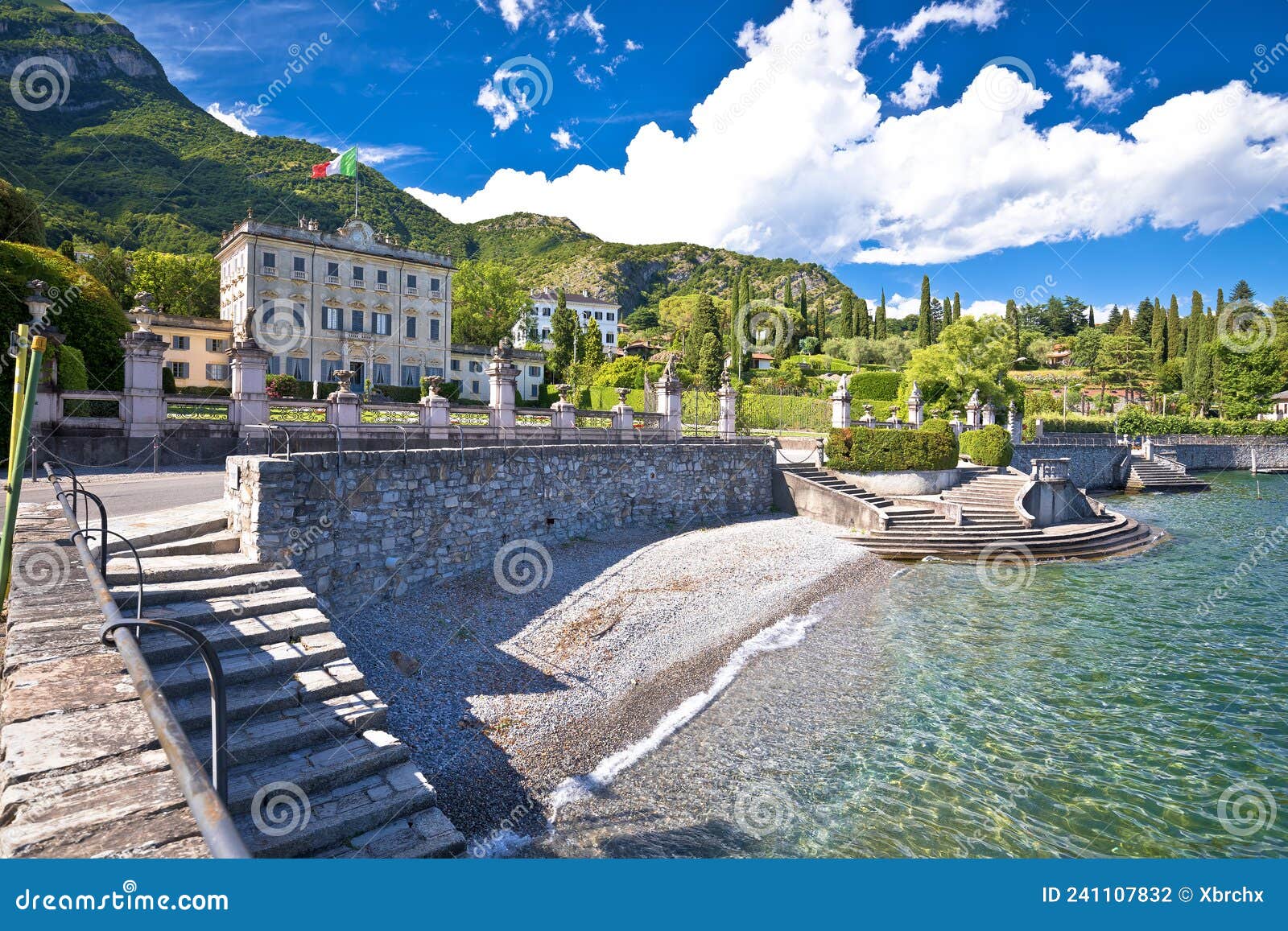 como lake. idyllic beach and villa sola cabiati in tremezzo on lake como view