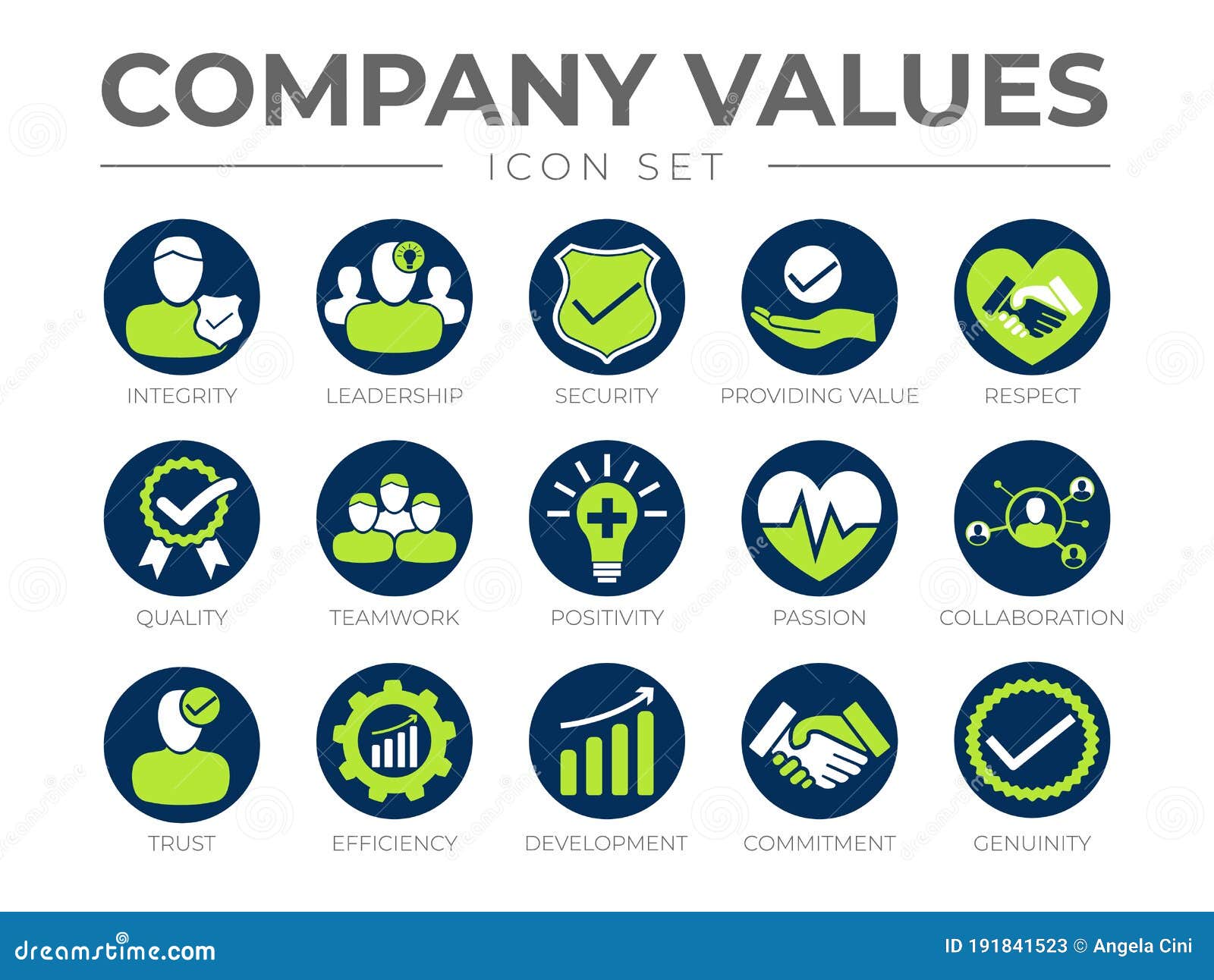 company core values round icon set. integrity, leadership, security, providing value, respect, quality, teamwork, positivity,