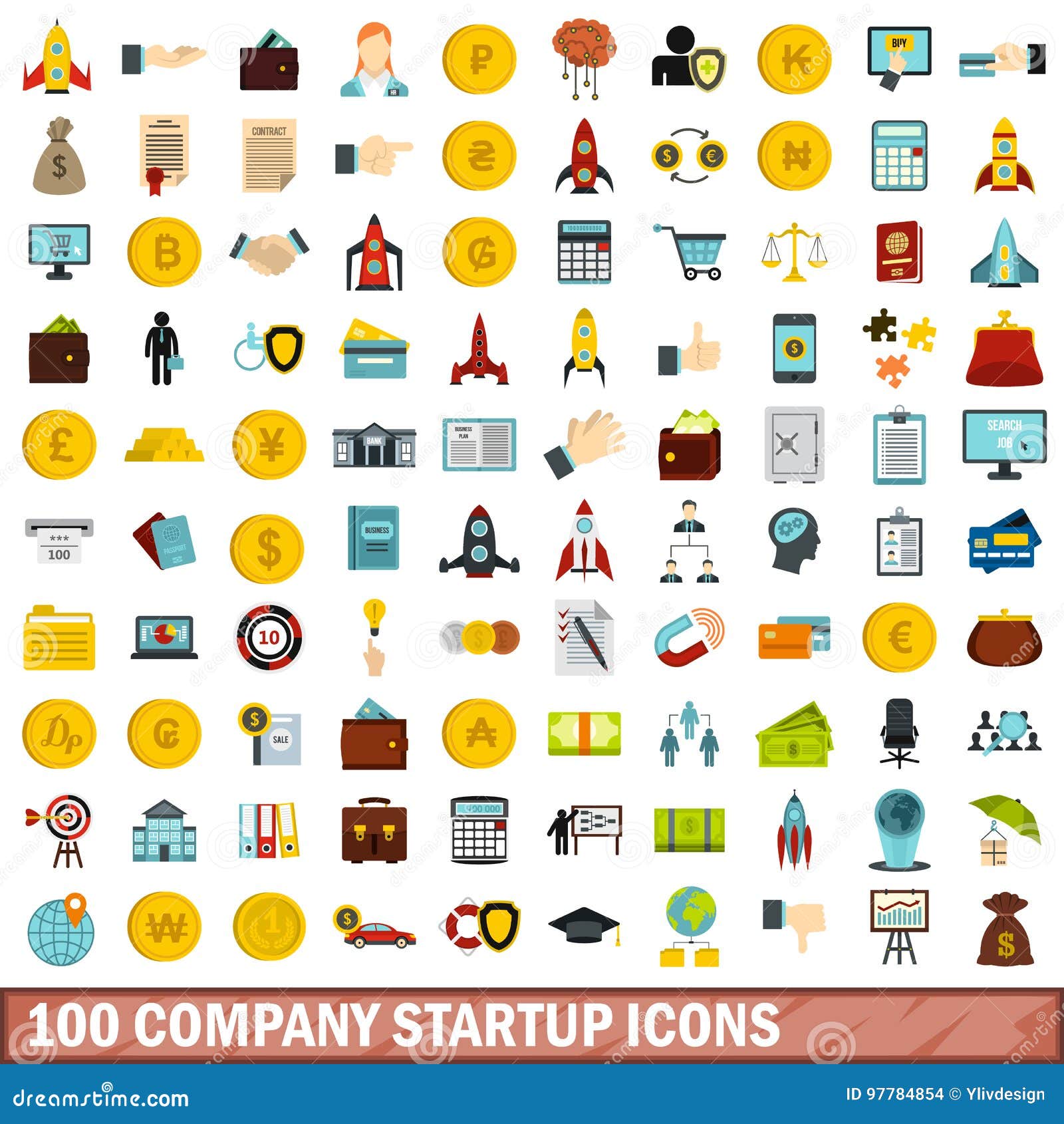 100 Company Startup Icons Set, Flat Style Stock Vector - Illustration