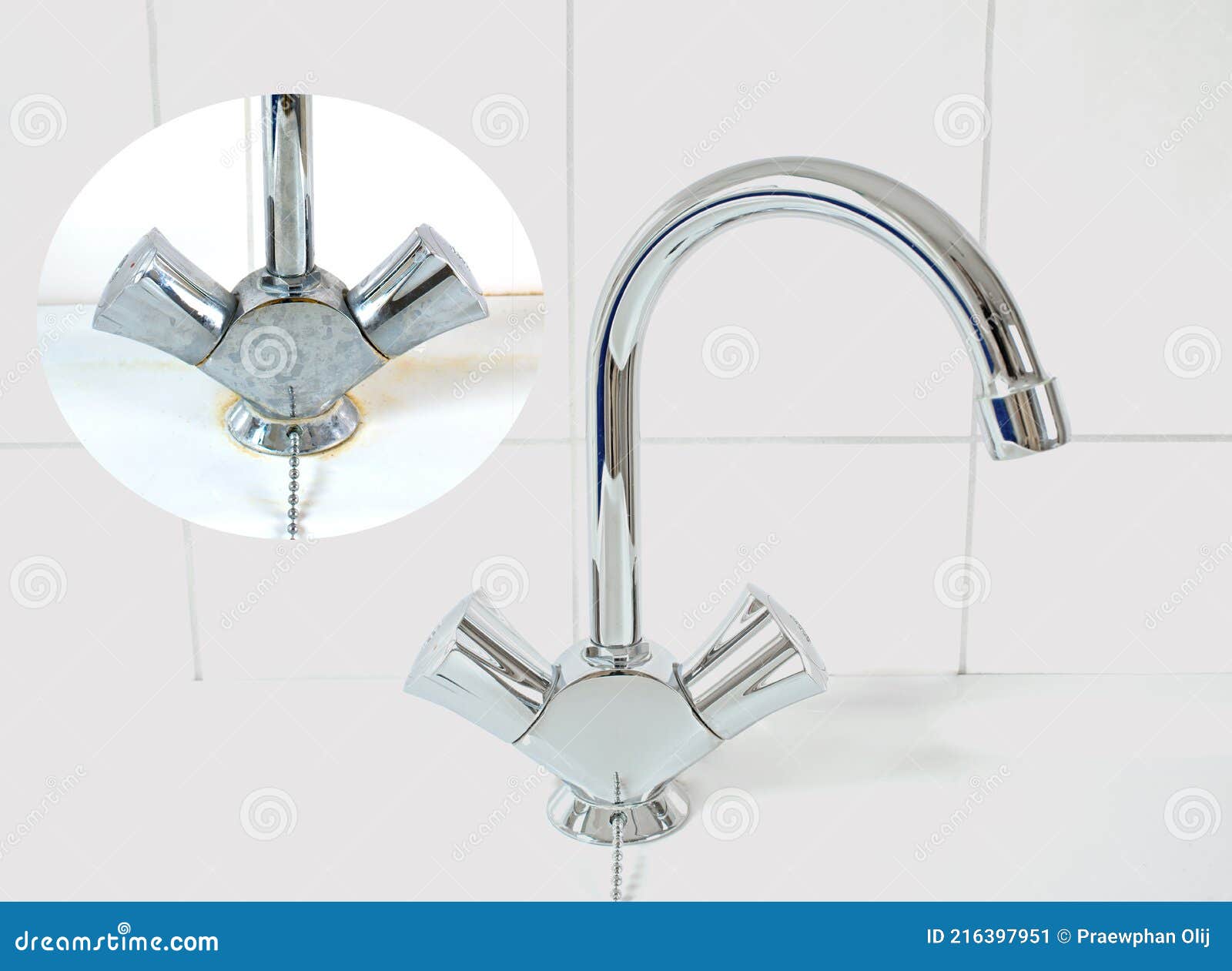 compare image before- after cleaning with special detergent of the dirty stainless faucet cover with dirty hard calcium water stai
