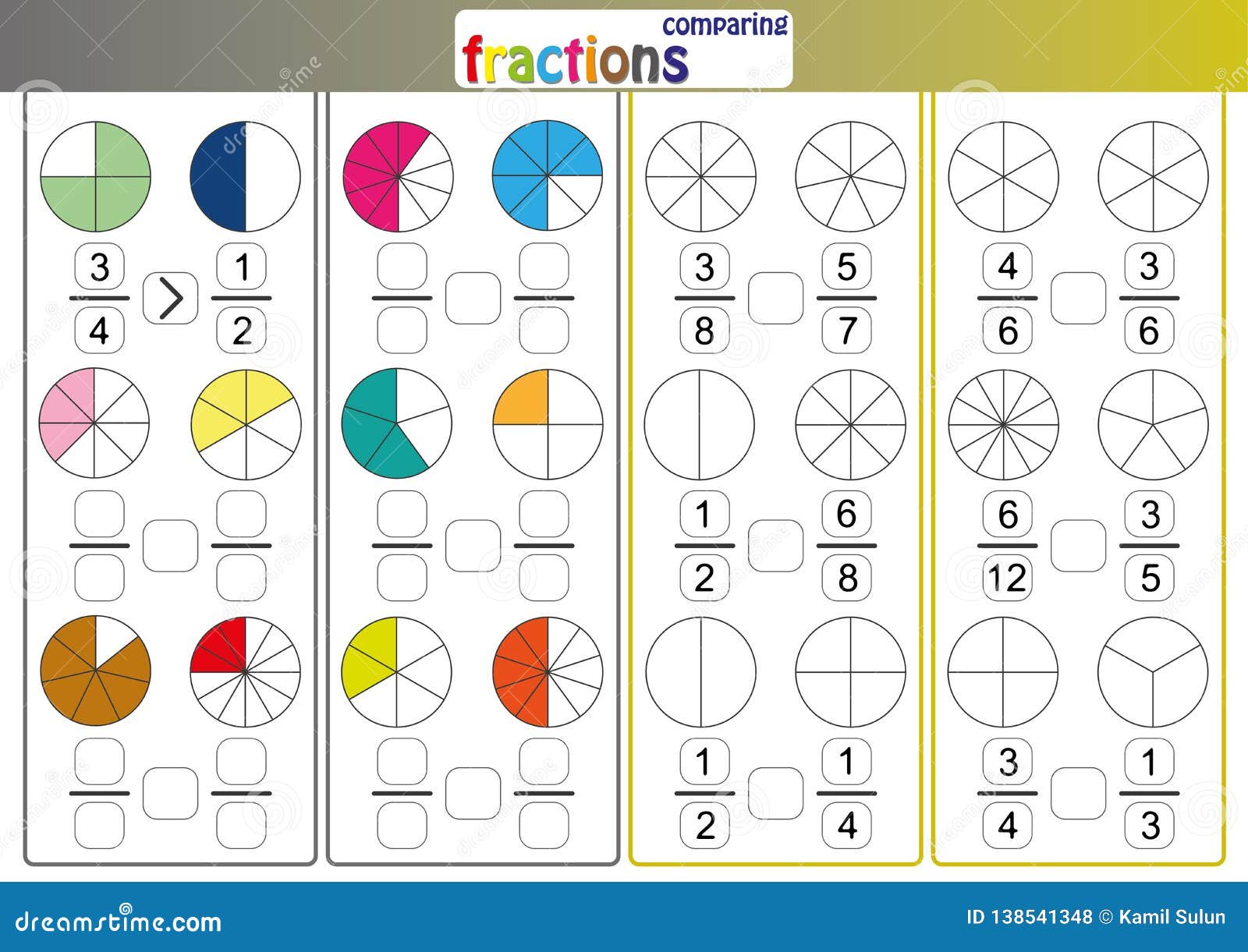 Comparing Fractions, Use less Than or More Than Sign Compare the With Fractions Greater Than 1 Worksheet