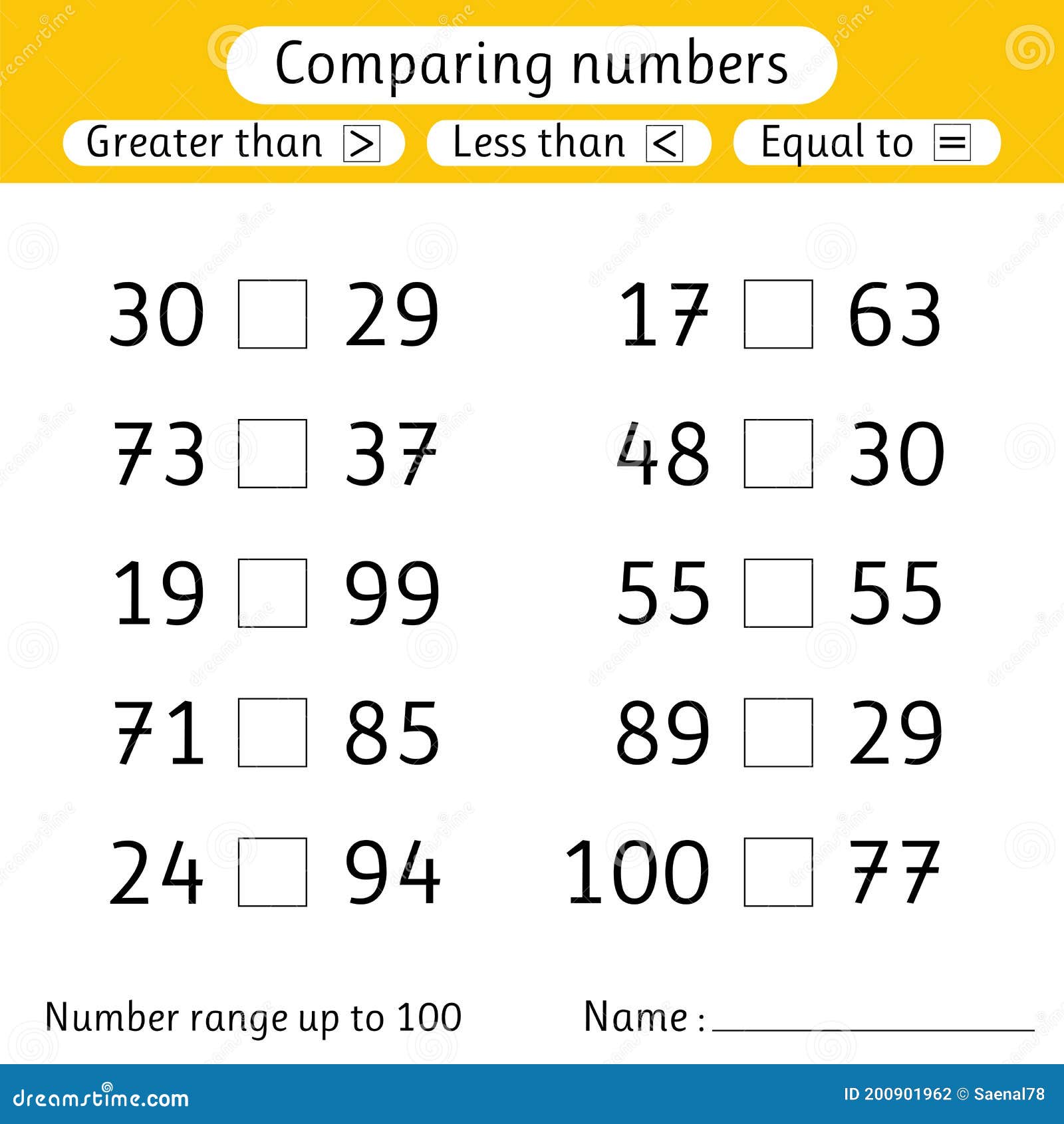 Comparing Numbers Less Than Greater Than Equal To Number Range Up To 100 Elementary School Worksheet For Kids Stock Vector Illustration Of School Equal 200901962