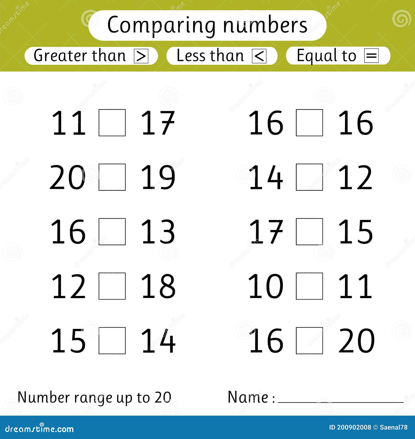 Comparing Numbers. Less Than, Greater Than, Equal To. Worksheet For