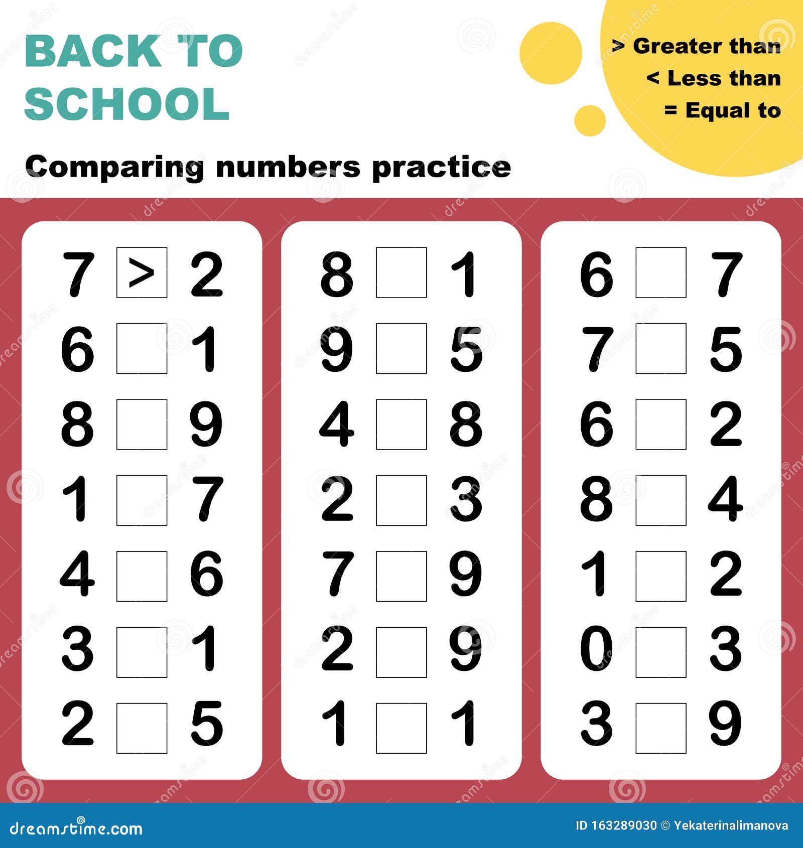 comparing numbers worksheet stock vector illustration of maths education 163289030