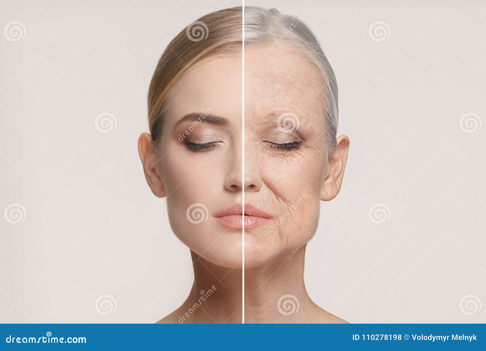 comparison. portrait of beautiful woman with problem and clean skin, aging and youth concept, beauty treatment