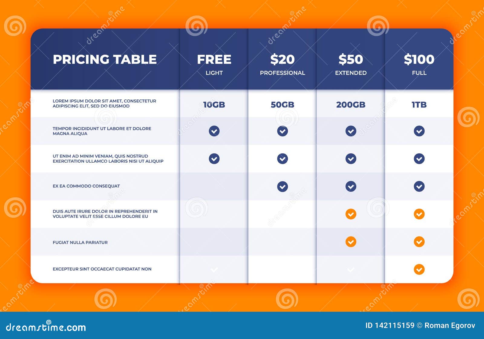 comparison table. price chart template, business plan pricing grid, web banner checklist  template.  compare