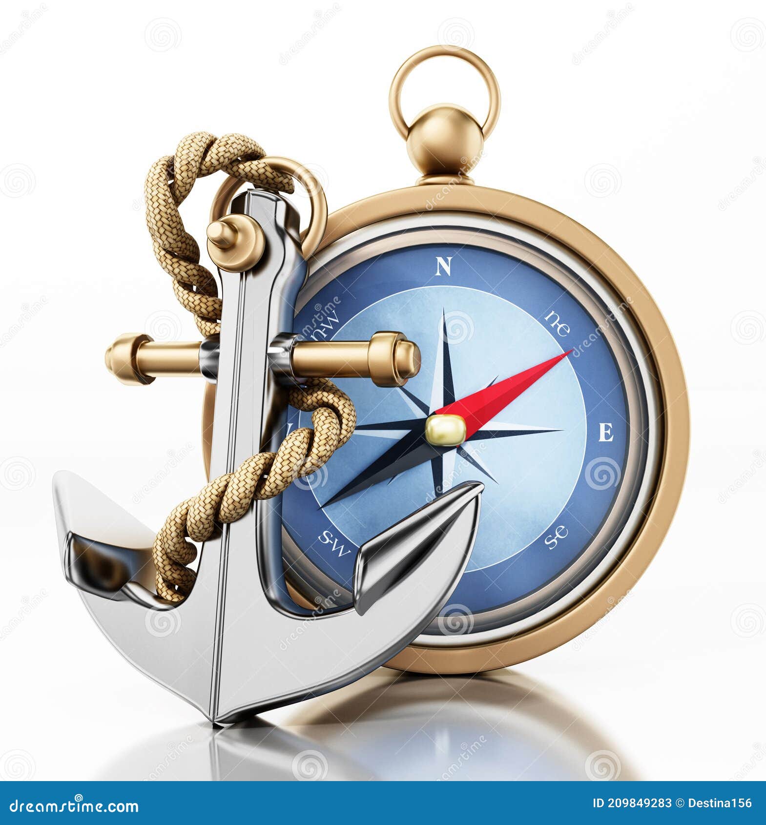 Compass and Anchor Isolated on White Background. 3D Illustration Stock
