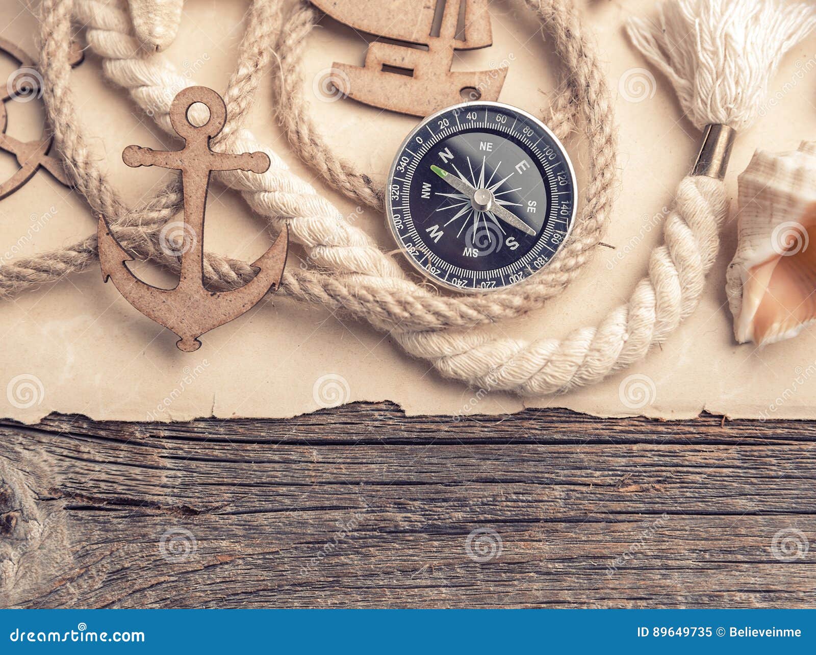 Compass, Anchor, Paper with Sea Stock Image - of journey, navigation: 89649735
