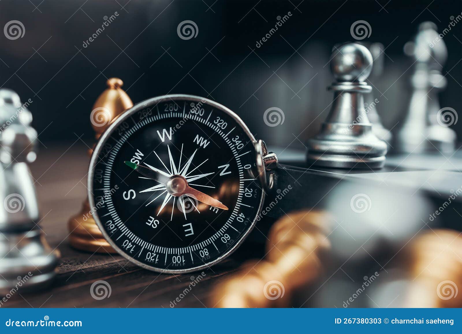 compass and chess piece on chess board game for ideas, challenge,  leadership, strategy, business, success or abstract - Stock Image -  Everypixel
