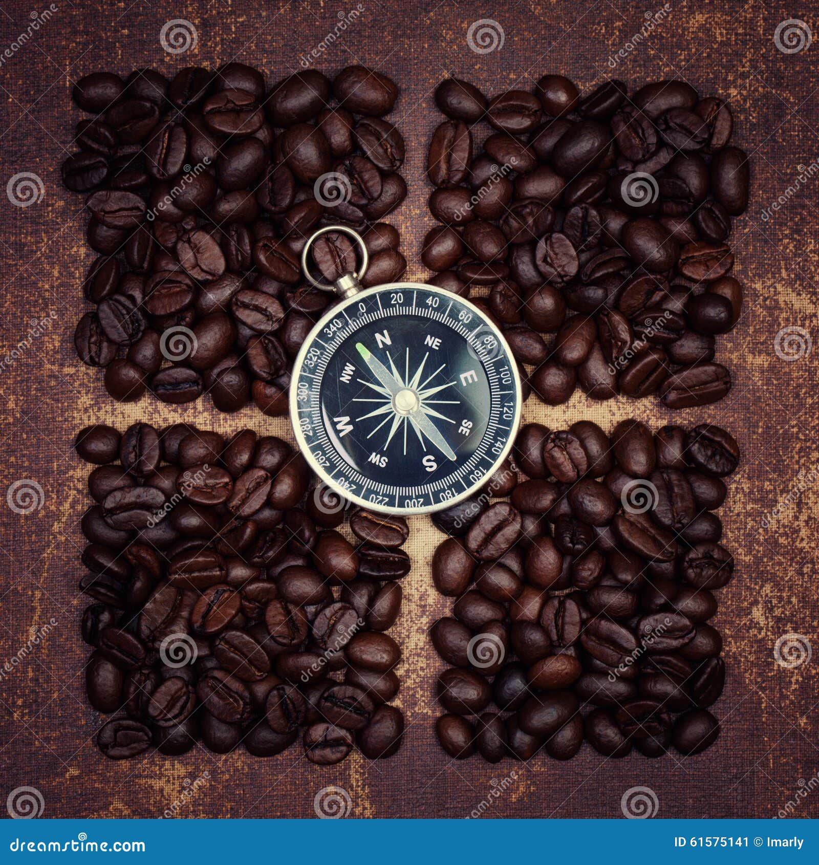 Compass on Dark Roasted Coffee Beans Stock Image Image of close