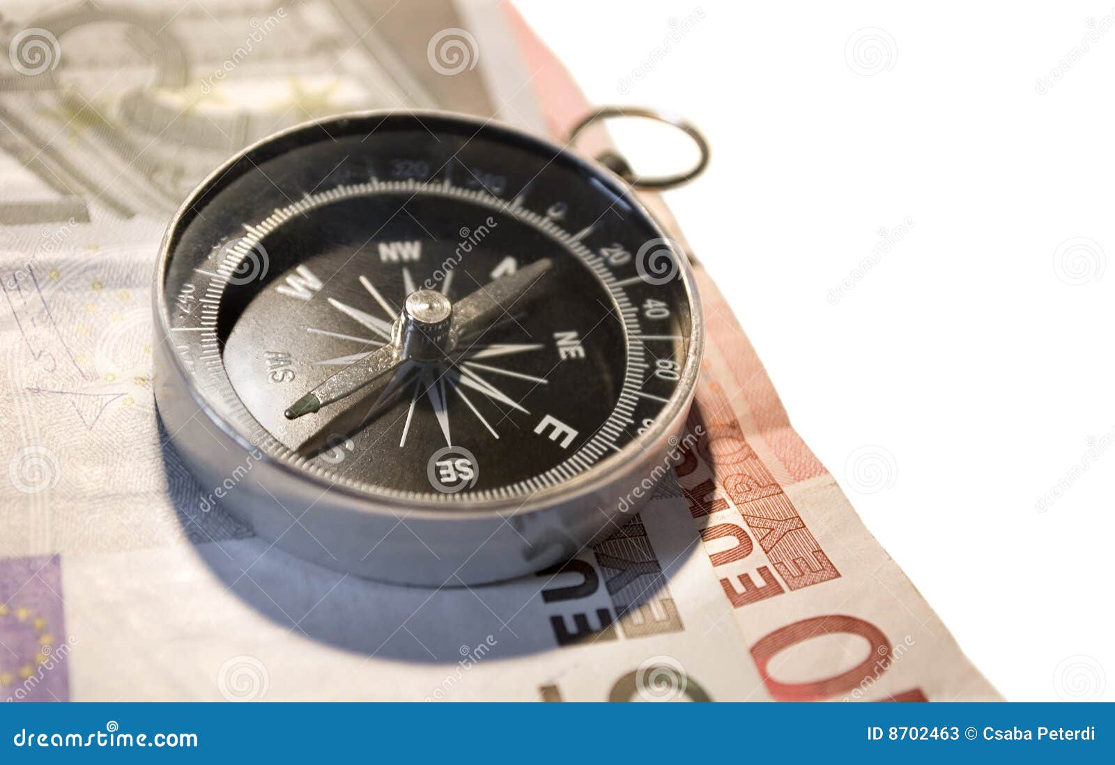 Compass and euro on white stock image. Image of banknotes 8702463