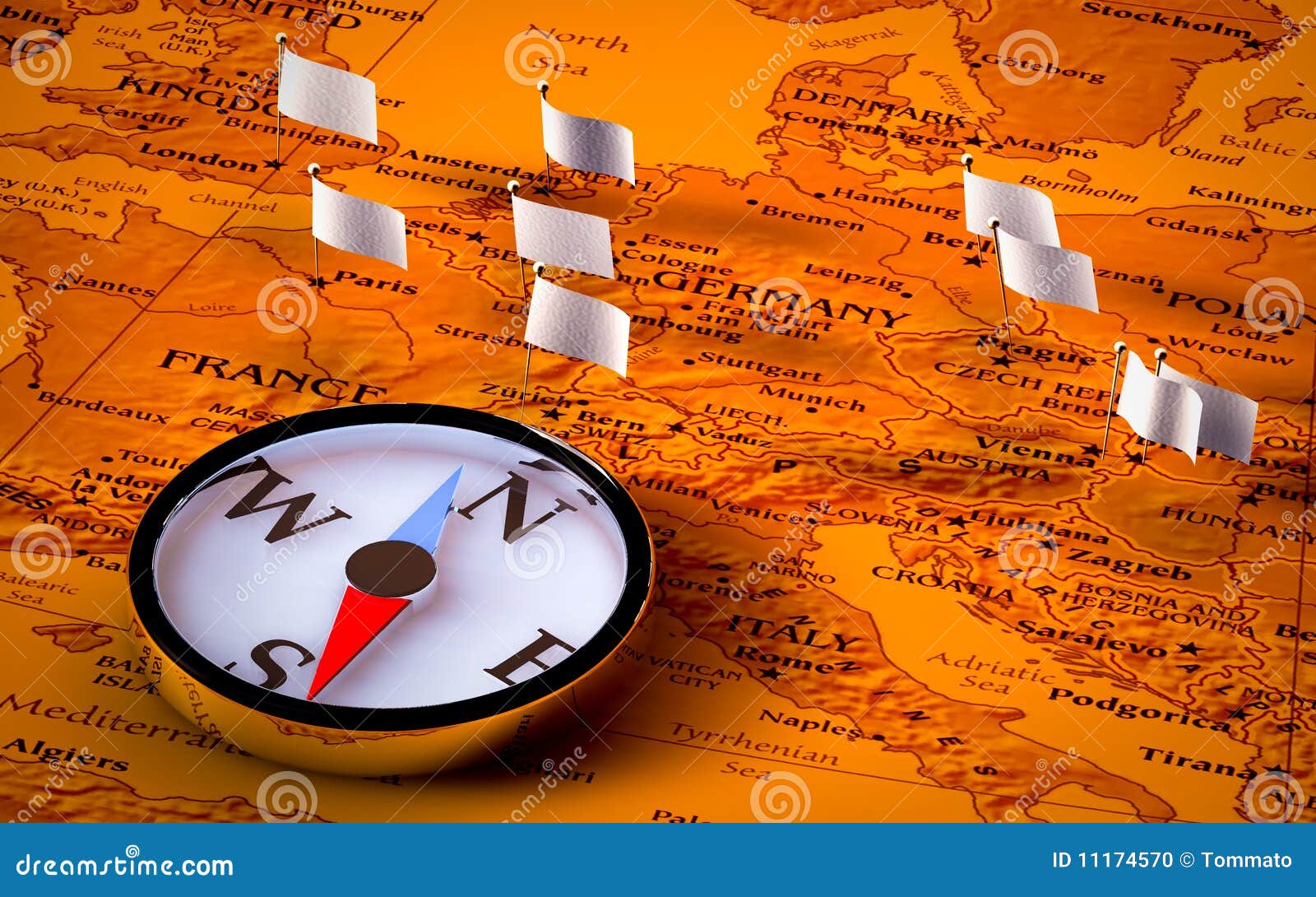 Compass on European Map with Flags Stock Illustration Illustration of