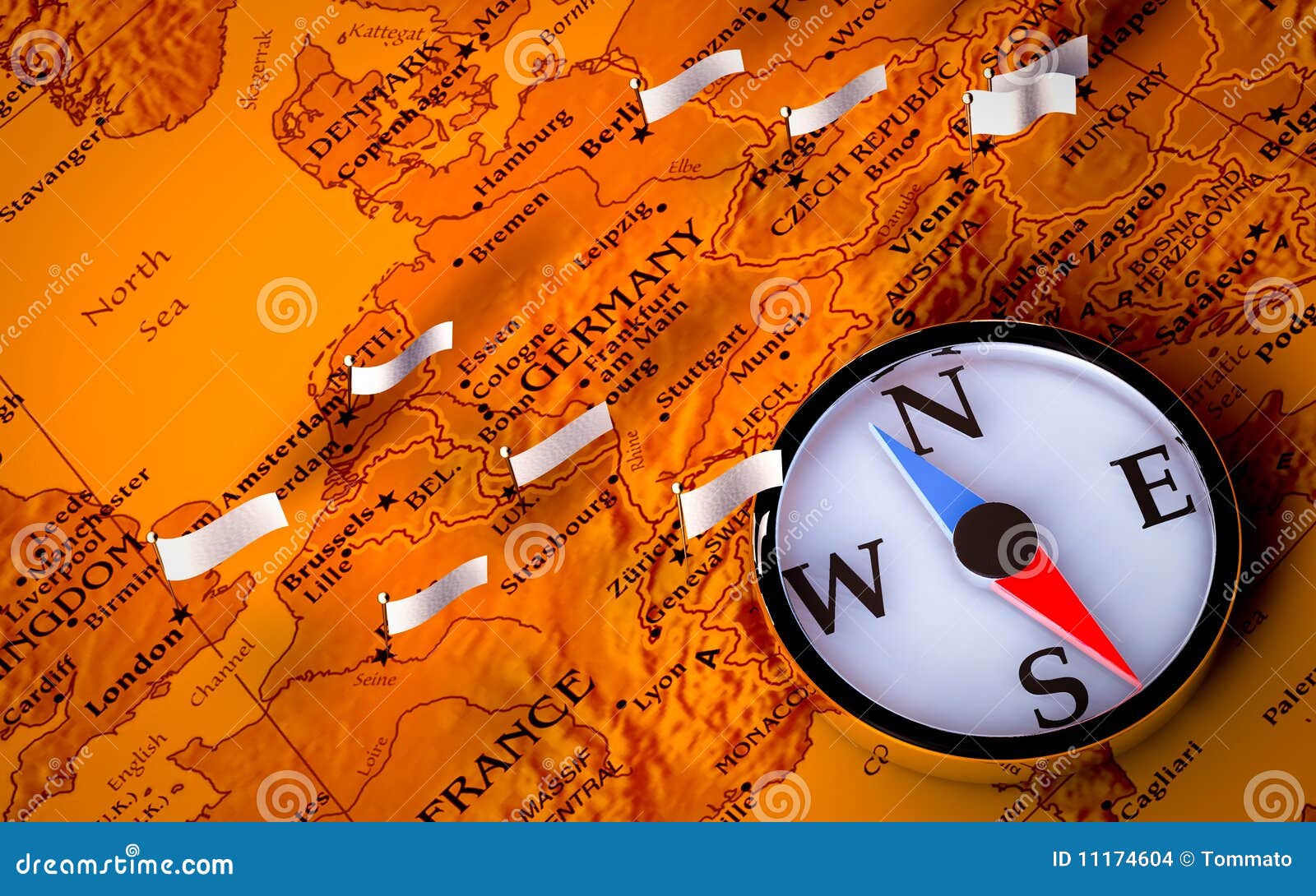 Compass on European Map with Flags Stock Illustration Illustration of