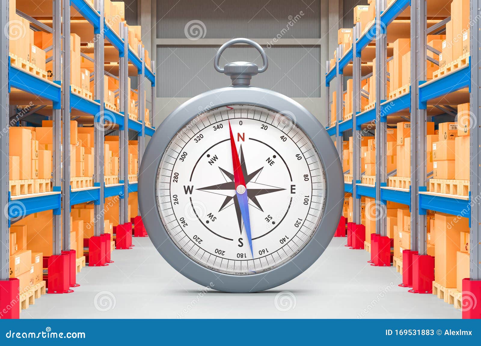 Compass Inside the Warehouse. Shipping and Logistic Concept. 3D
