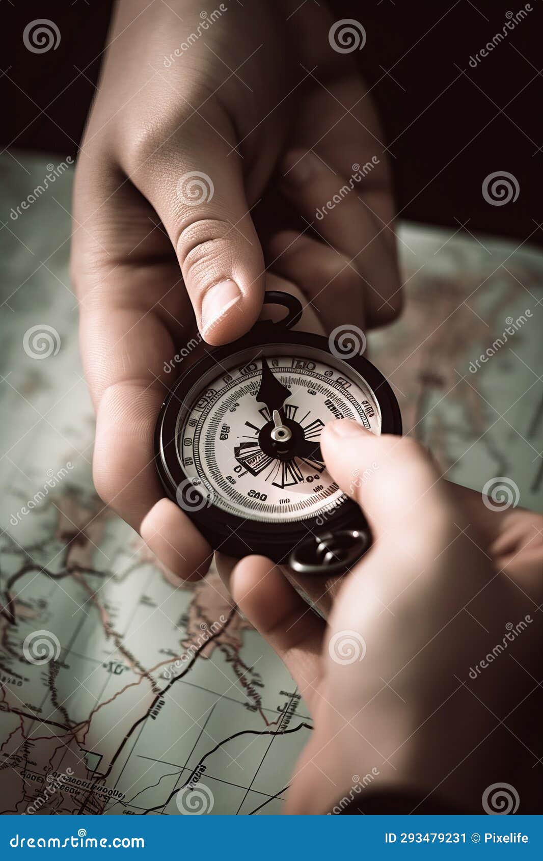 Compass and Map in Hands of Traveler for Checking and Searching
