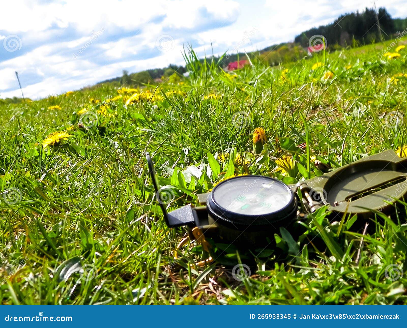 Compass on the Meadow Travel and Vacations Concept Stock Image