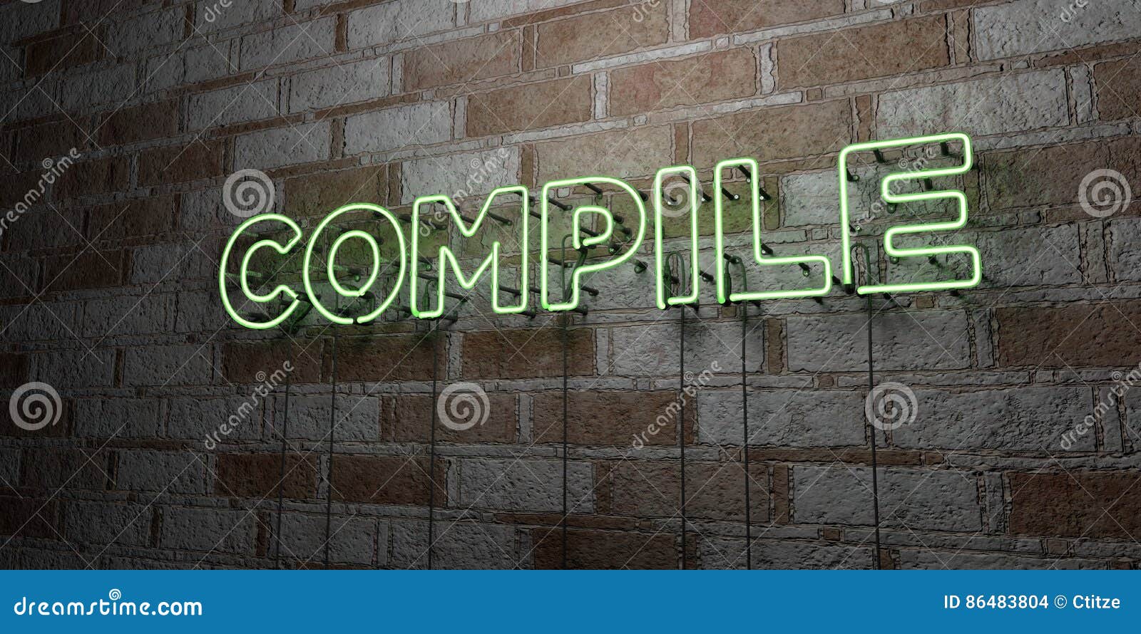 compile - glowing neon sign on stonework wall - 3d rendered royalty free stock 