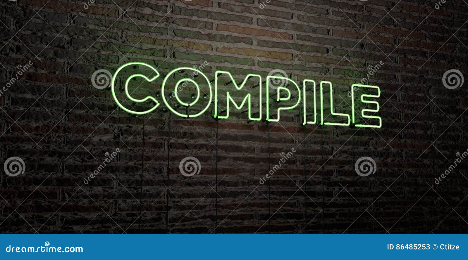 compile -realistic neon sign on brick wall background - 3d rendered royalty free stock image