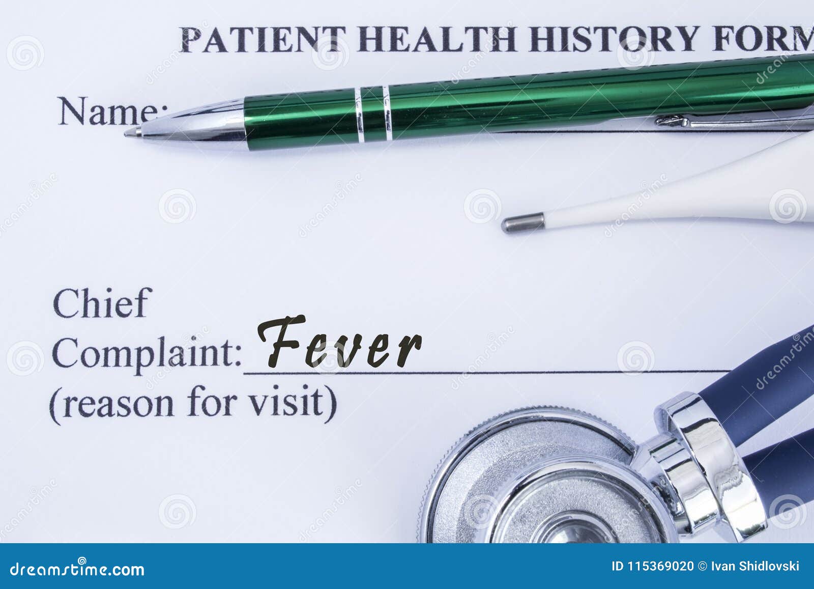 complaint of fever. paper health history form, which is written on the patients chief complaint of fever, surrounded by a stethosc