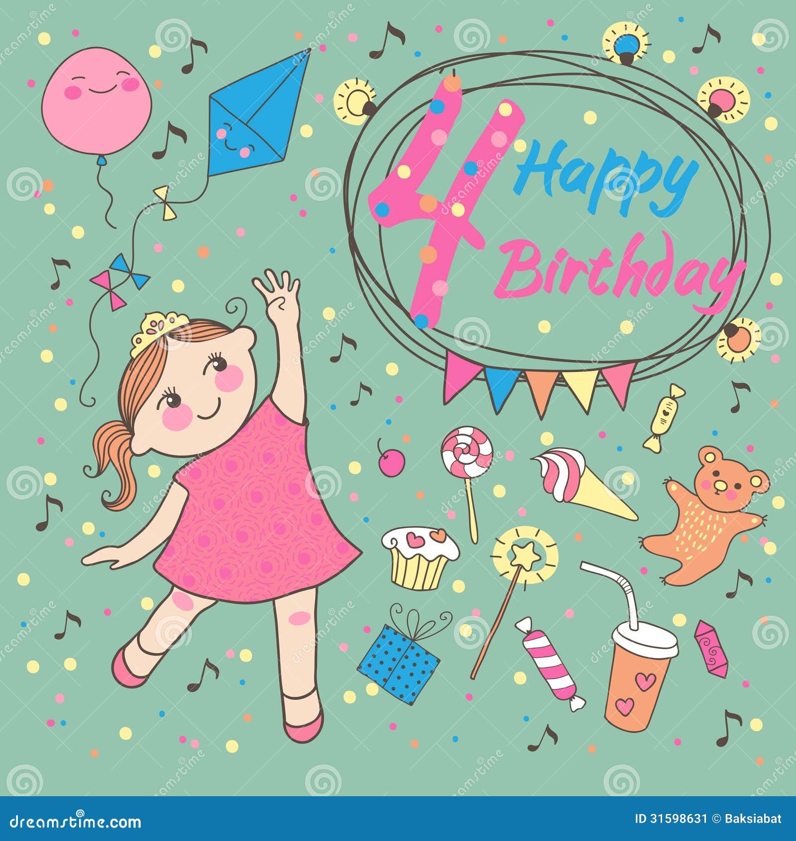 Compleanno Della Bambina 4 Anni. Cartolina D'auguri Illustrazione  Vettoriale - Illustrazione di regalo, felice: 31598631