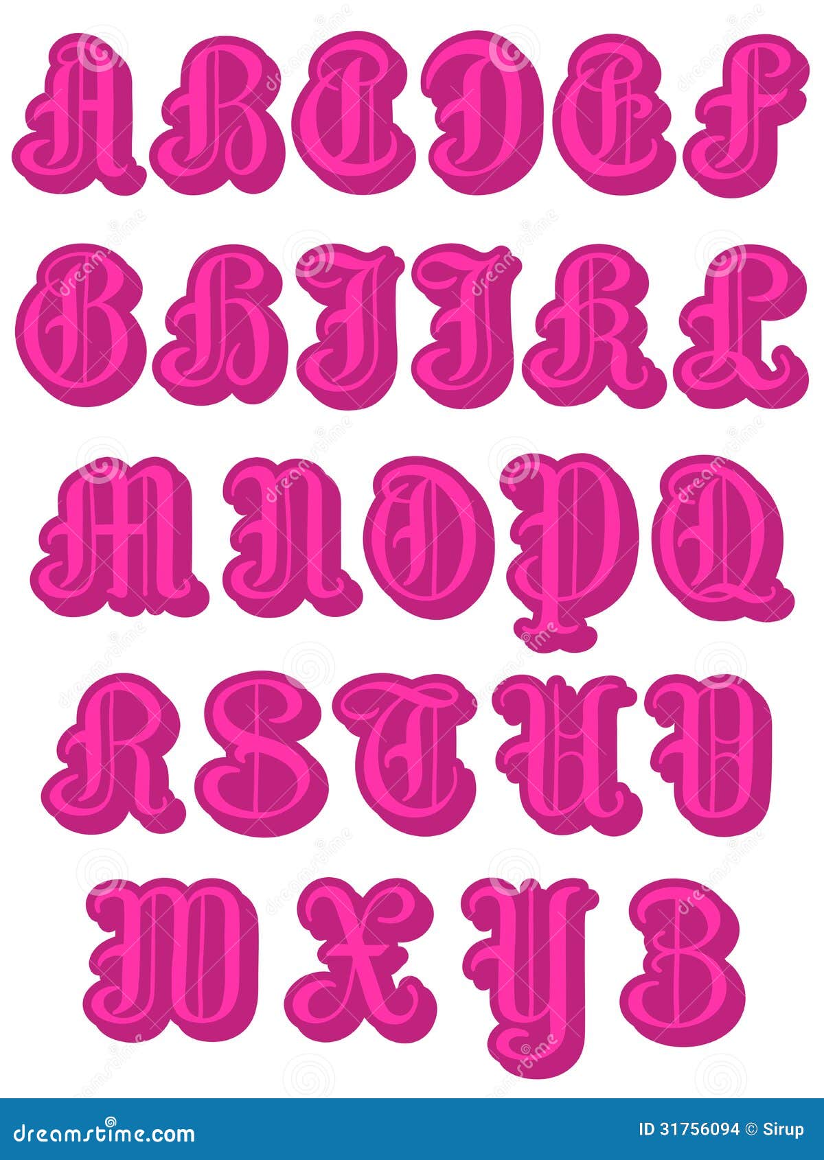 complete alphabet in pink round capitals