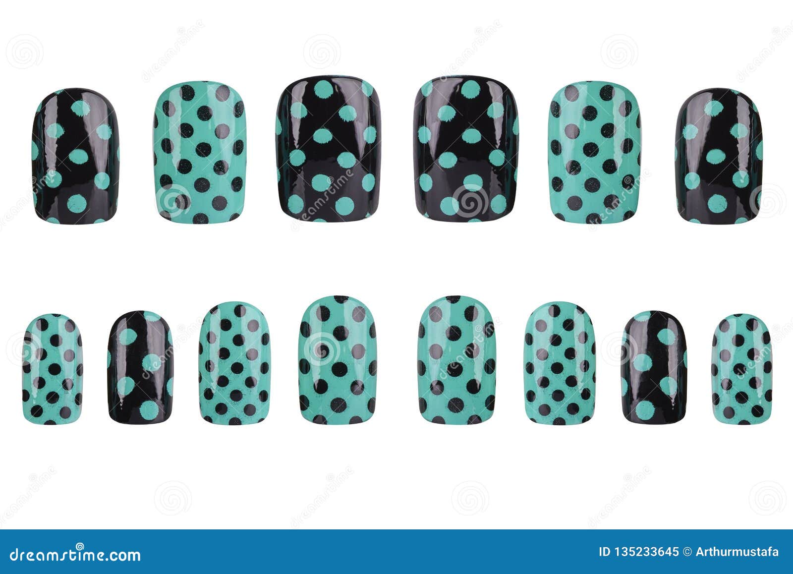 Complete Set of Black and Green Fake Nails Painted with Dots, Isolated on White  Background, Clipping Path Included Stock Illustration - Illustration of  sparkly, polish: 135233645