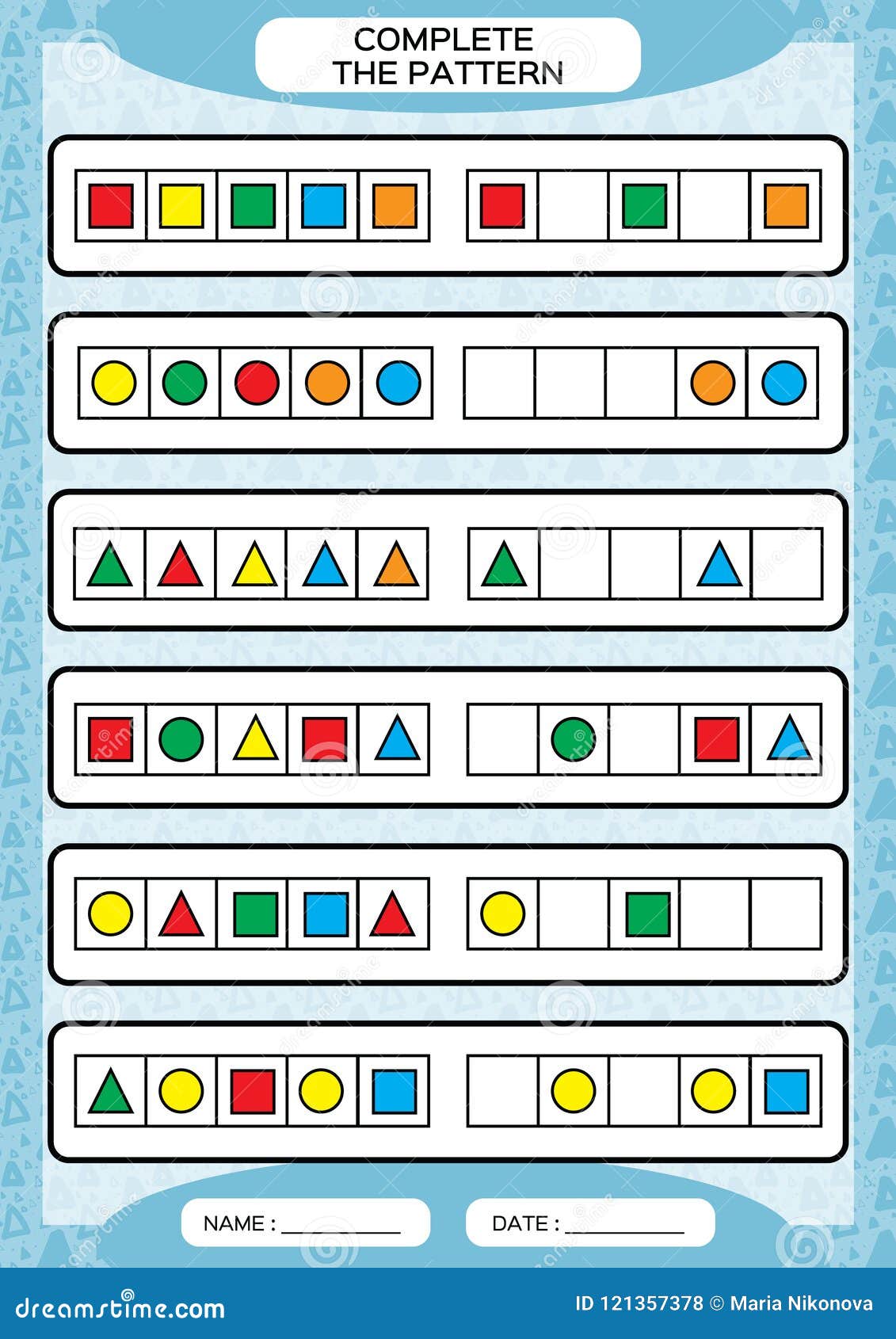 Complete simple repeating patterns worksheet for preschool kids