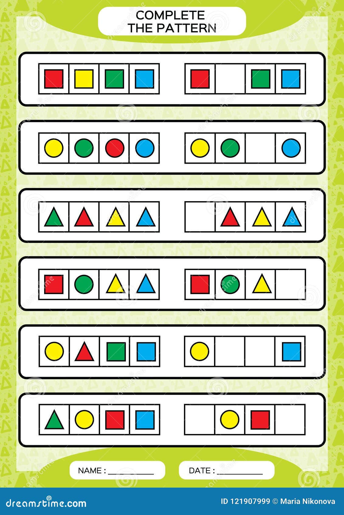 Complete simple repeating patterns worksheet for preschool kids
