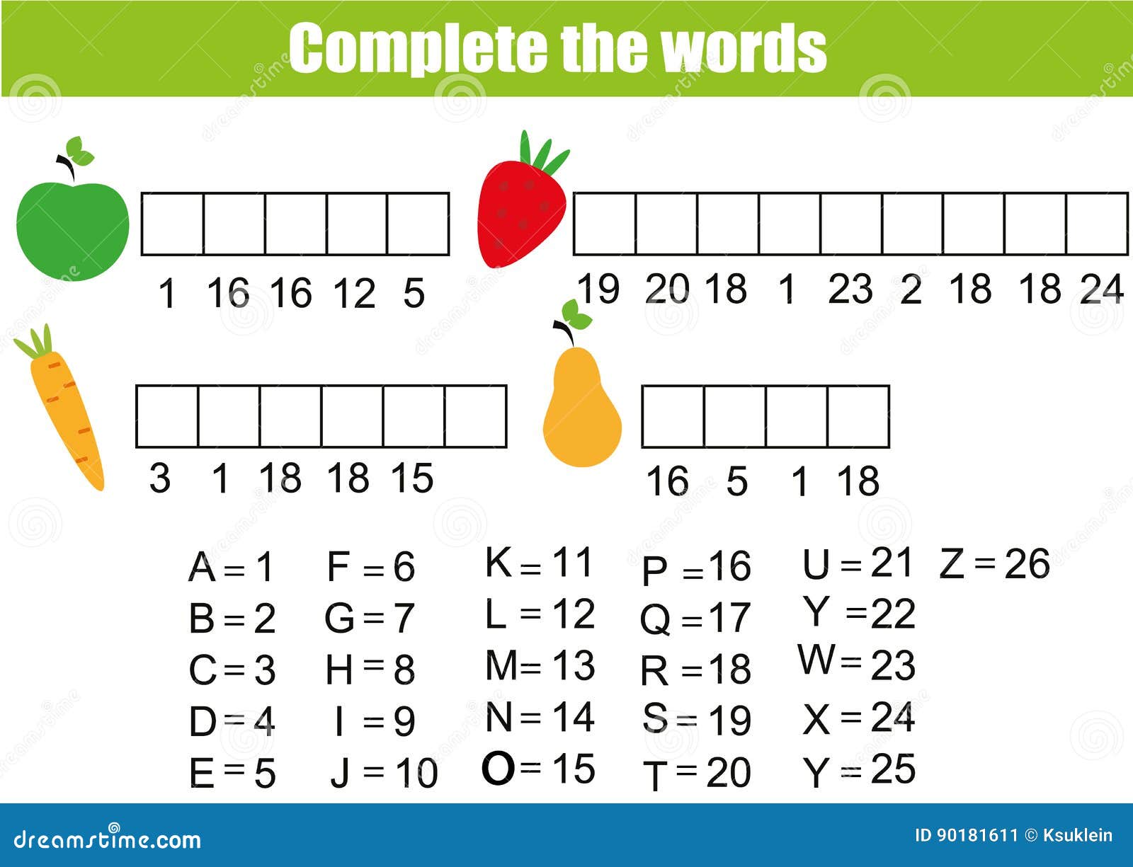 complete the words children educational game. fruits and vegetables theme, learning vocabulary and numbers