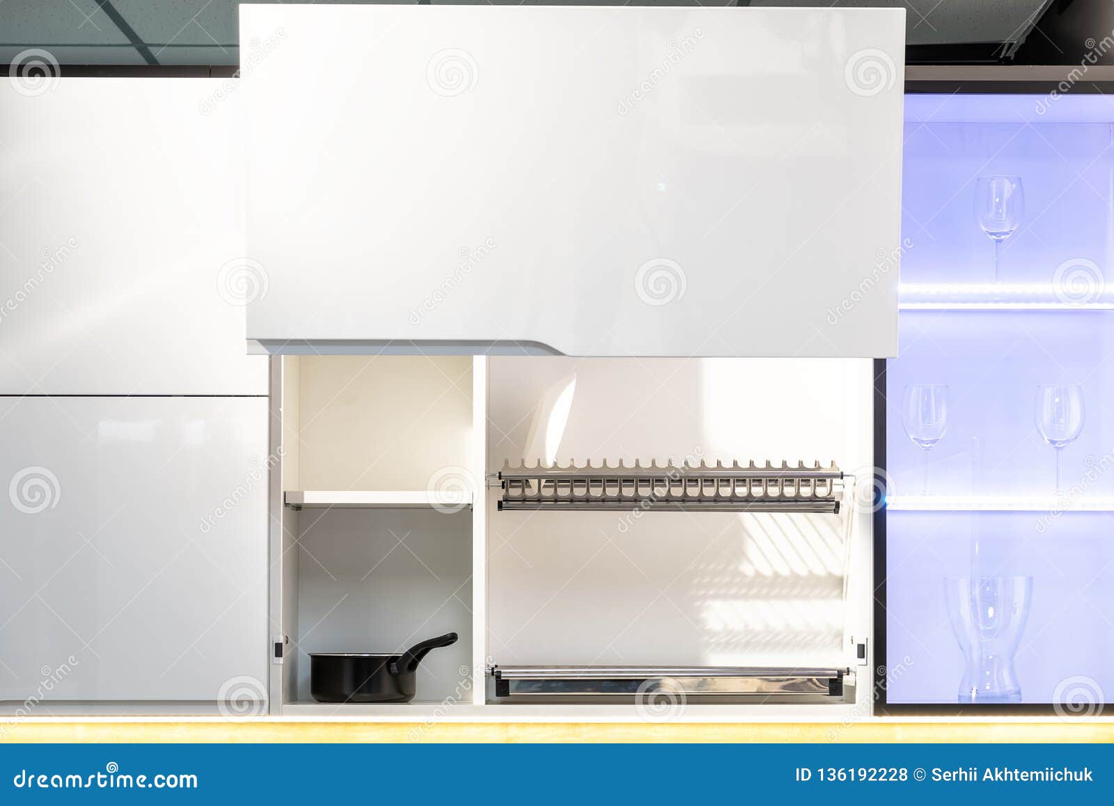 Completely Opened White Kitchen with Plates and Glasses on Shelf Stock Photo Image of