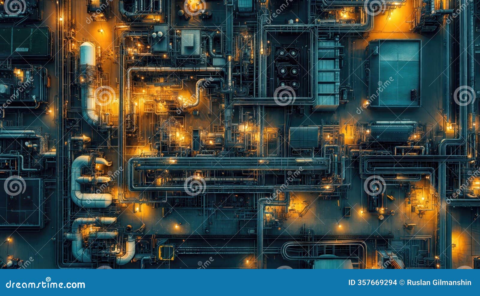 complex industrial machinery with intricate pipelines and systems illuminated by contrasting golden and blue lights